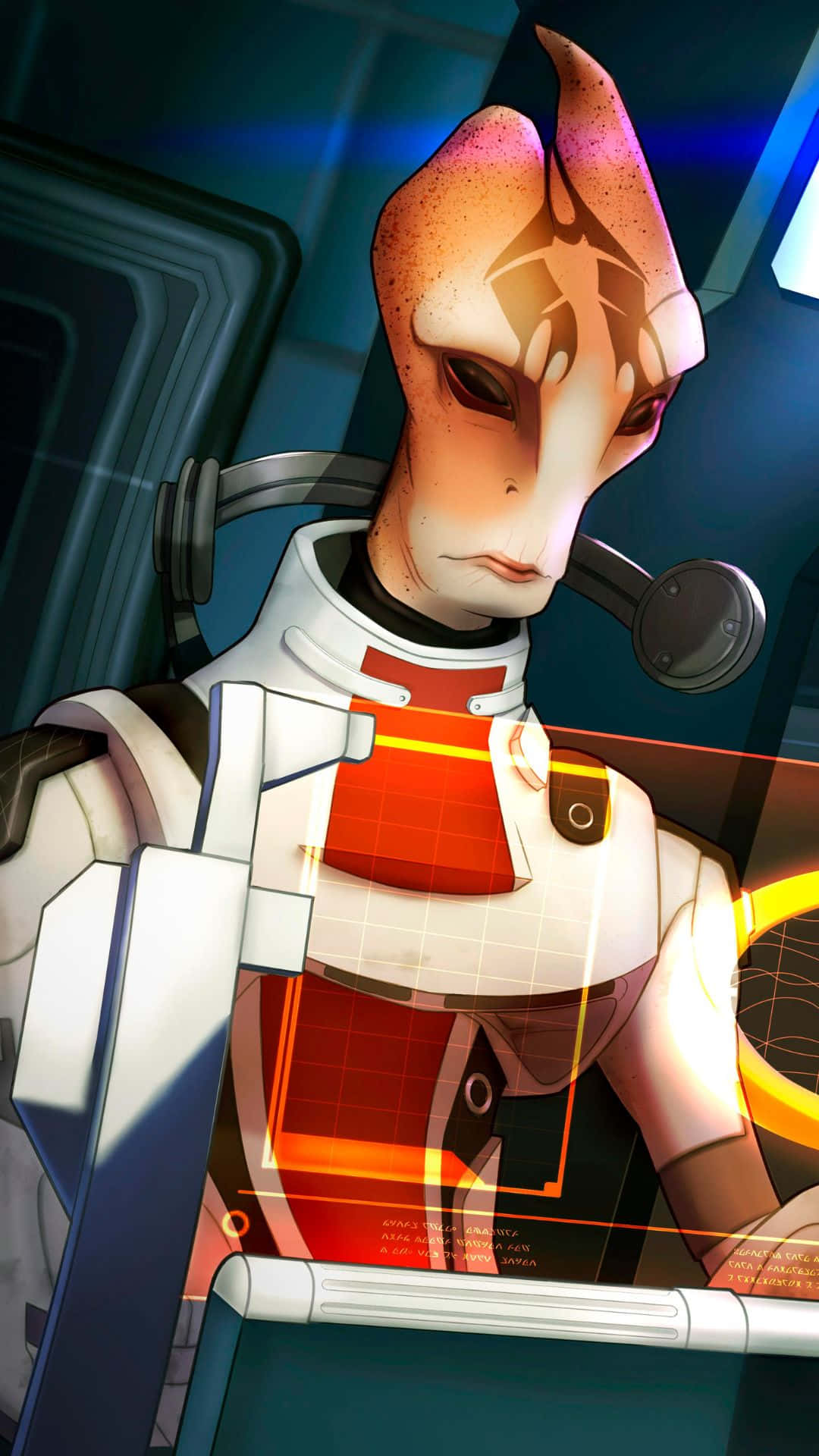 Mordin Solus, futuristic cockpit, glowing orange holographic controls, Full HD Phone Wallpaper
