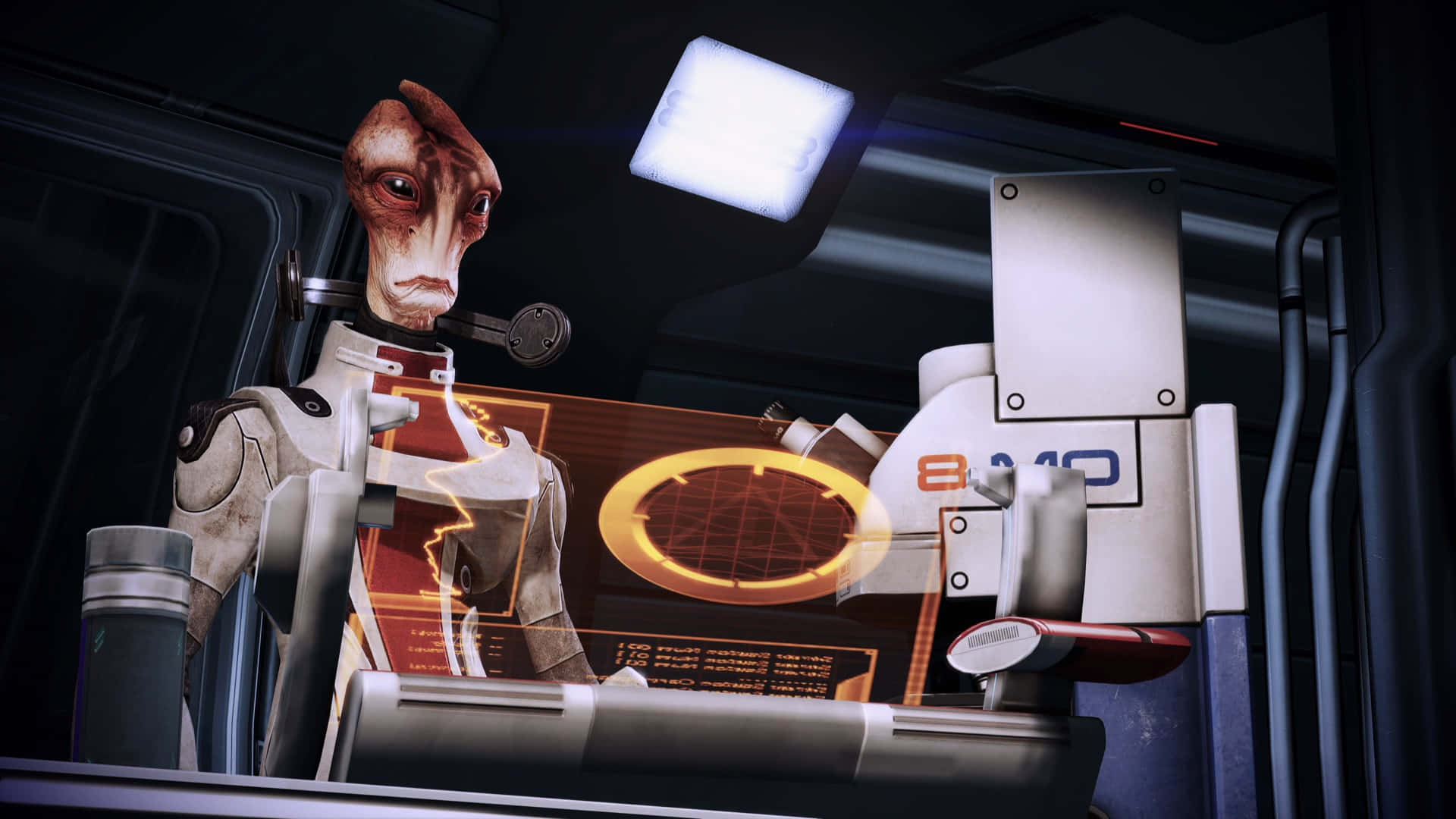 Mordin Solus, red skin, large eyes, Full HD Desktop Wallpaper