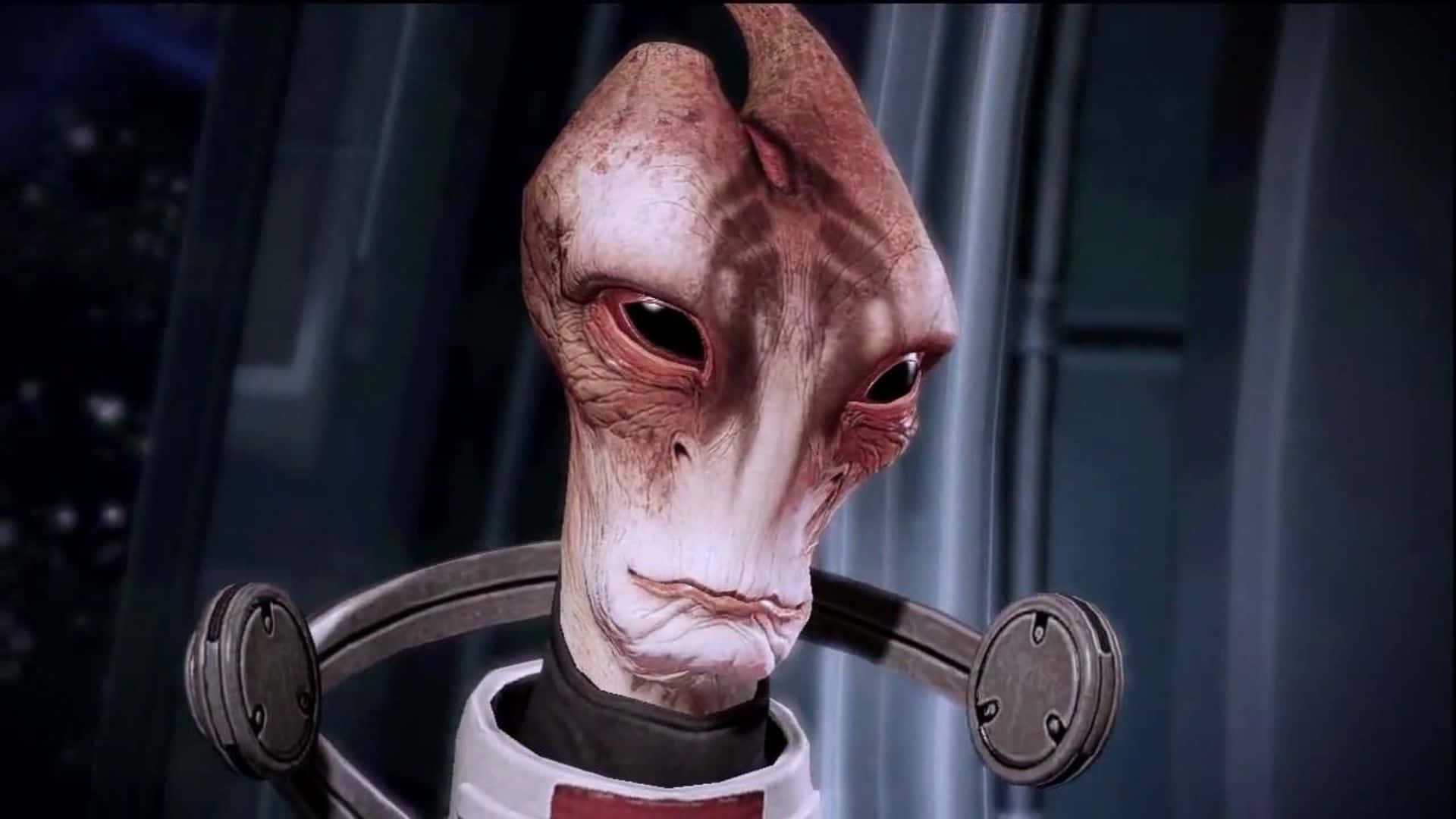 Mordin Solus, mechanical collar, starry space backdrop, Full HD Desktop Wallpaper