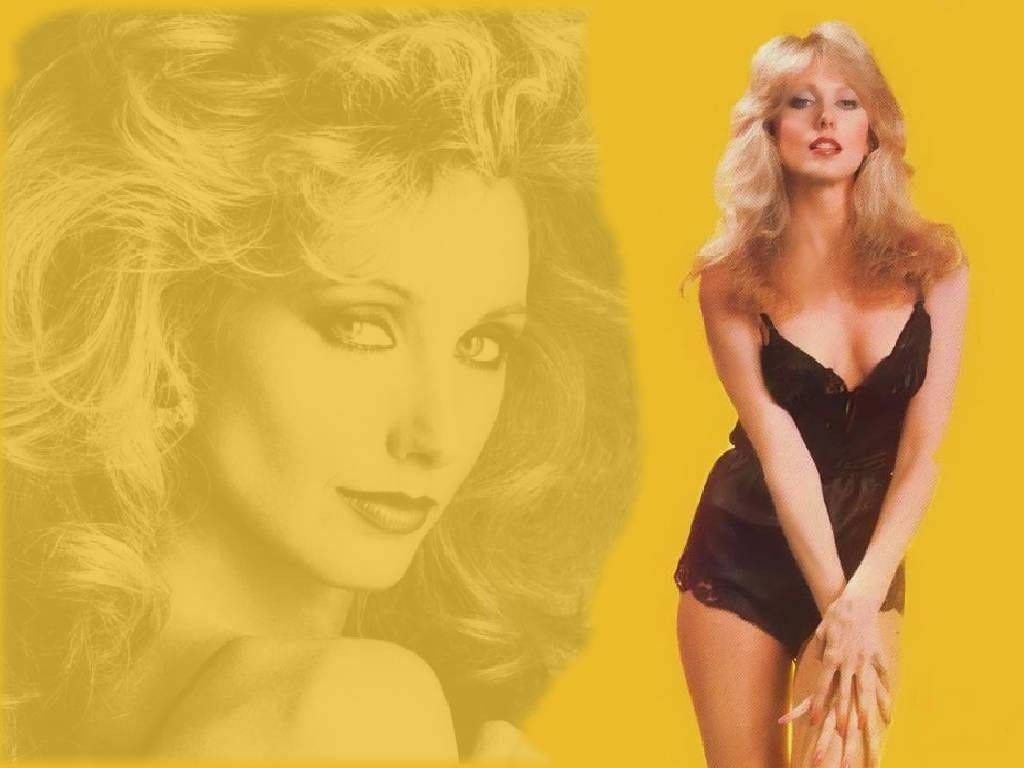 Morgan Fairchild, black lingerie, vibrant yellow background, SD Desktop Wallpaper