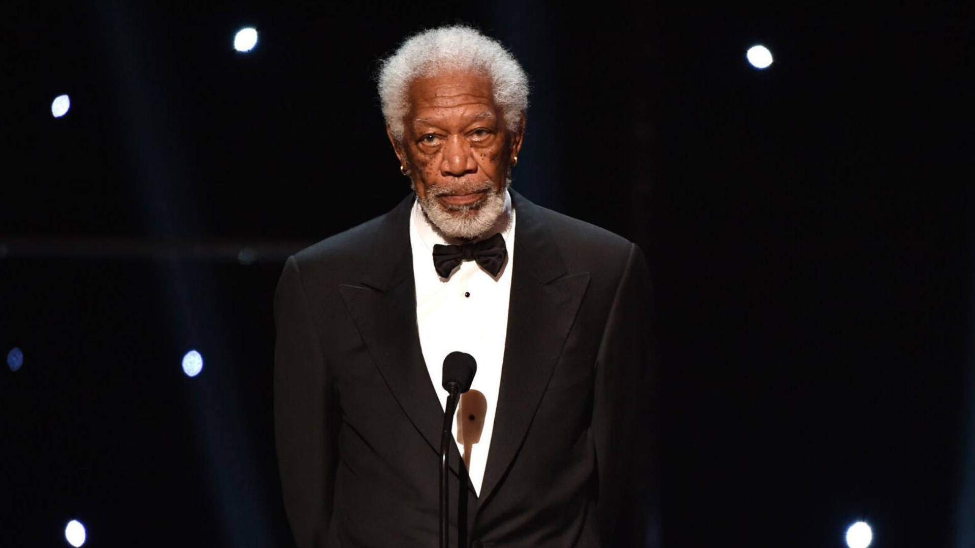 Morgan Freeman, black tuxedo, microphone, Full HD Desktop Wallpaper