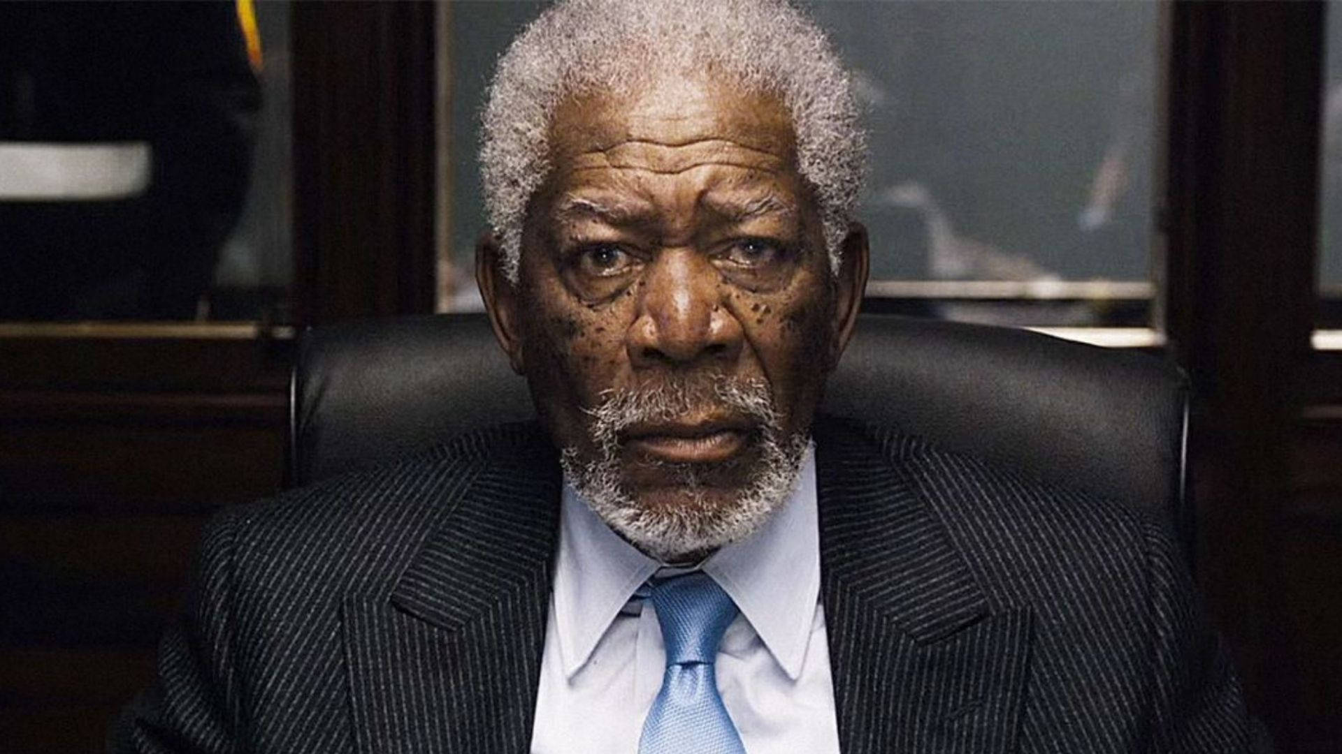 Morgan Freeman, black leather chair, pinstripe suit, Full HD Desktop Wallpaper