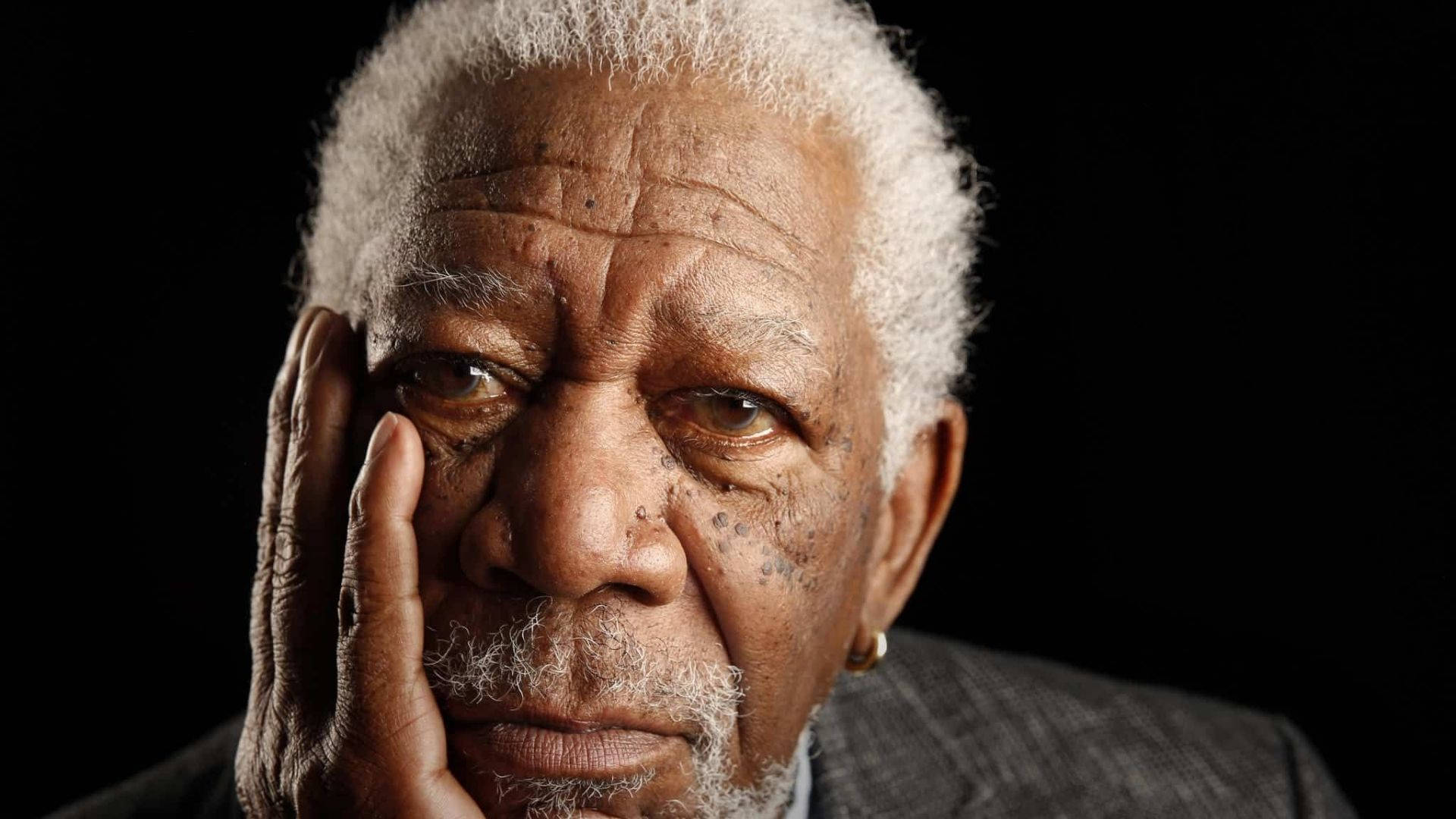 Morgan Freeman, close-up portrait, hand resting on cheek, Full HD Desktop Wallpaper