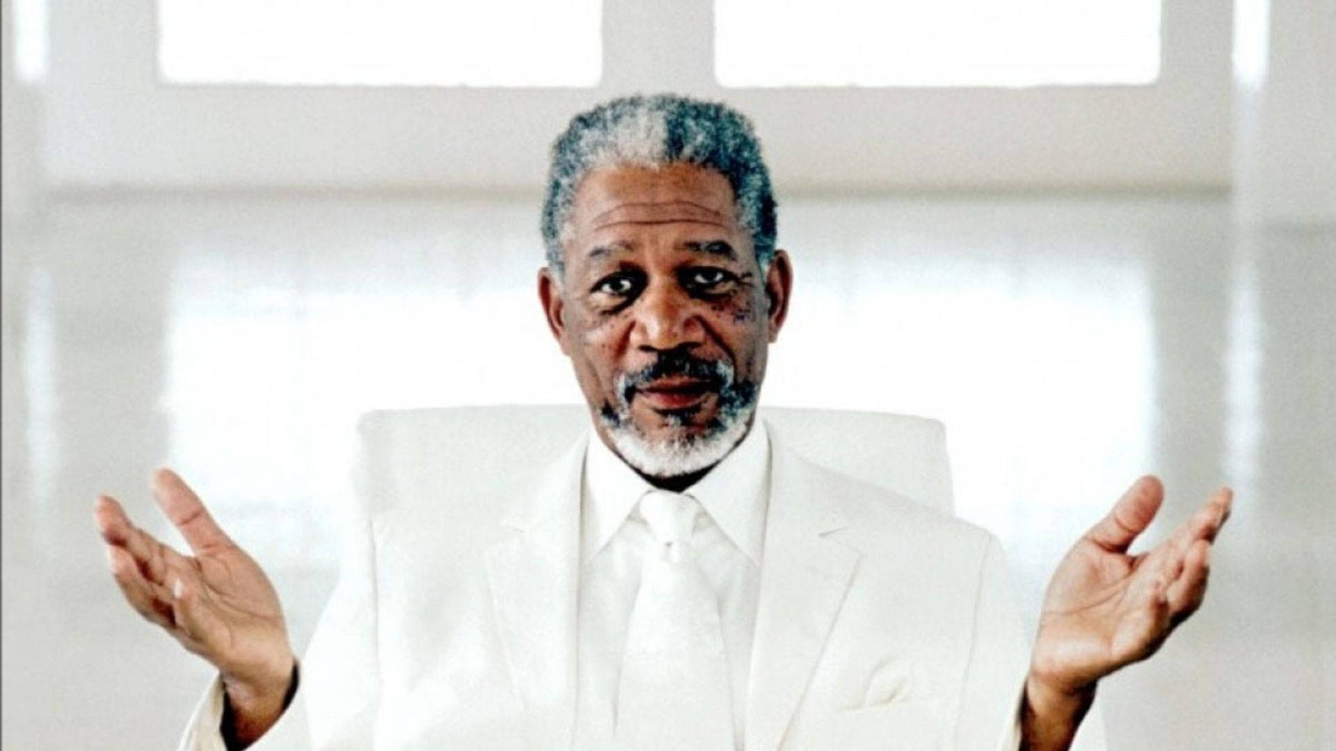 Morgan Freeman, white suit, bright minimalist room, Full HD Desktop Wallpaper