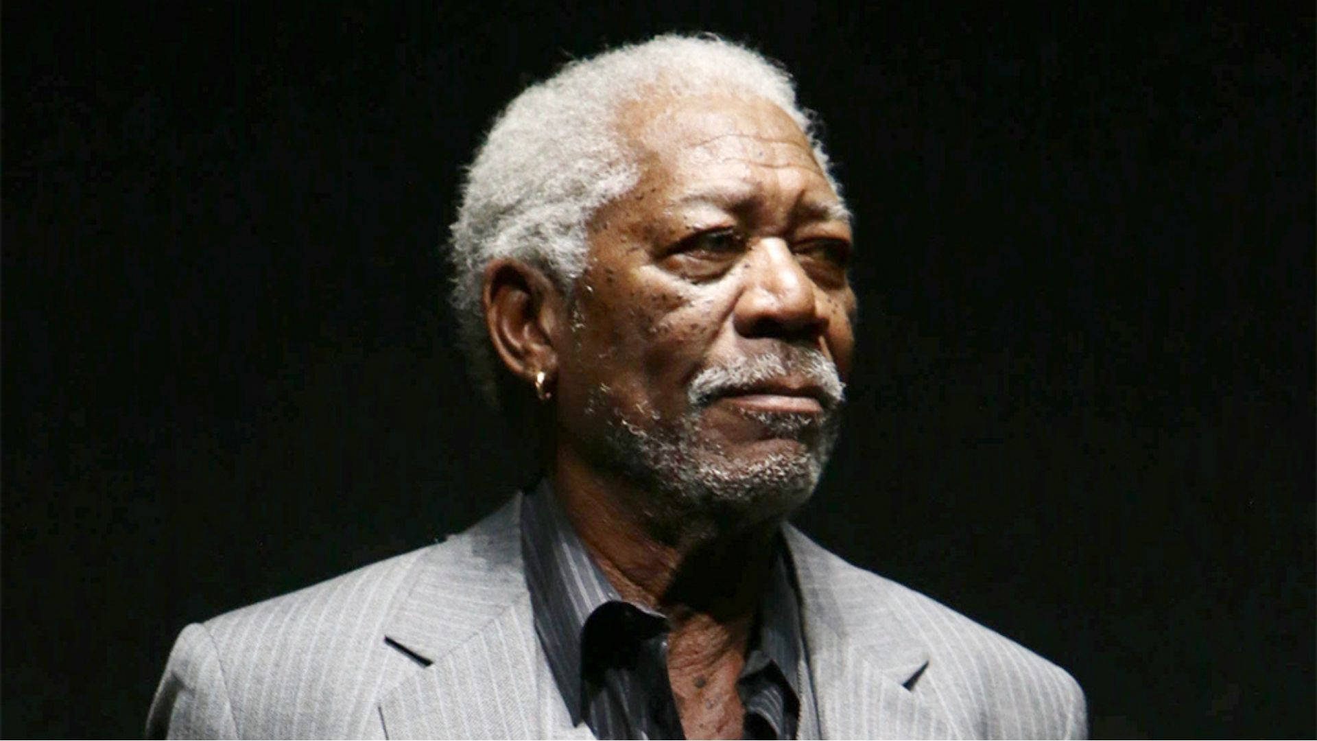 Morgan Freeman, pinstripe suit, stark black background, Full HD Desktop Wallpaper