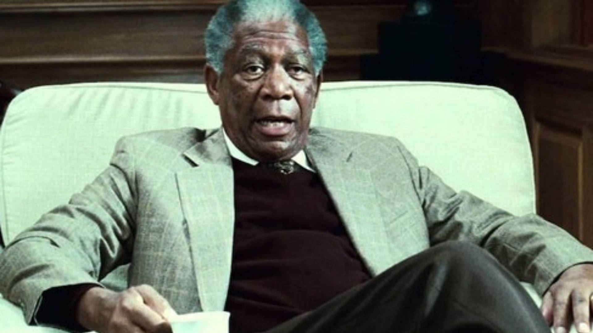 Morgan Freeman, white armchair, gray suit, Full HD Desktop Wallpaper