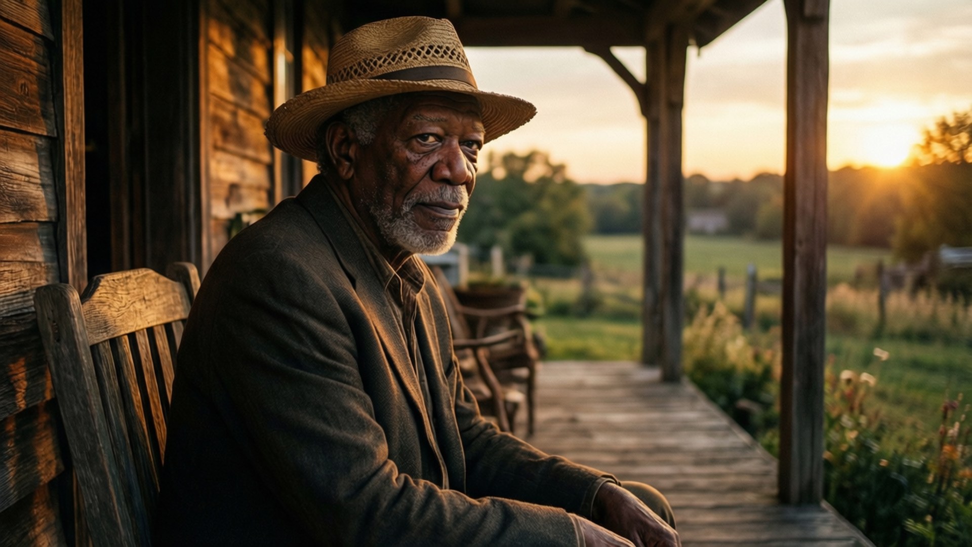 Morgan Freeman, straw hat, wooden porch, Full HD Desktop Wallpaper