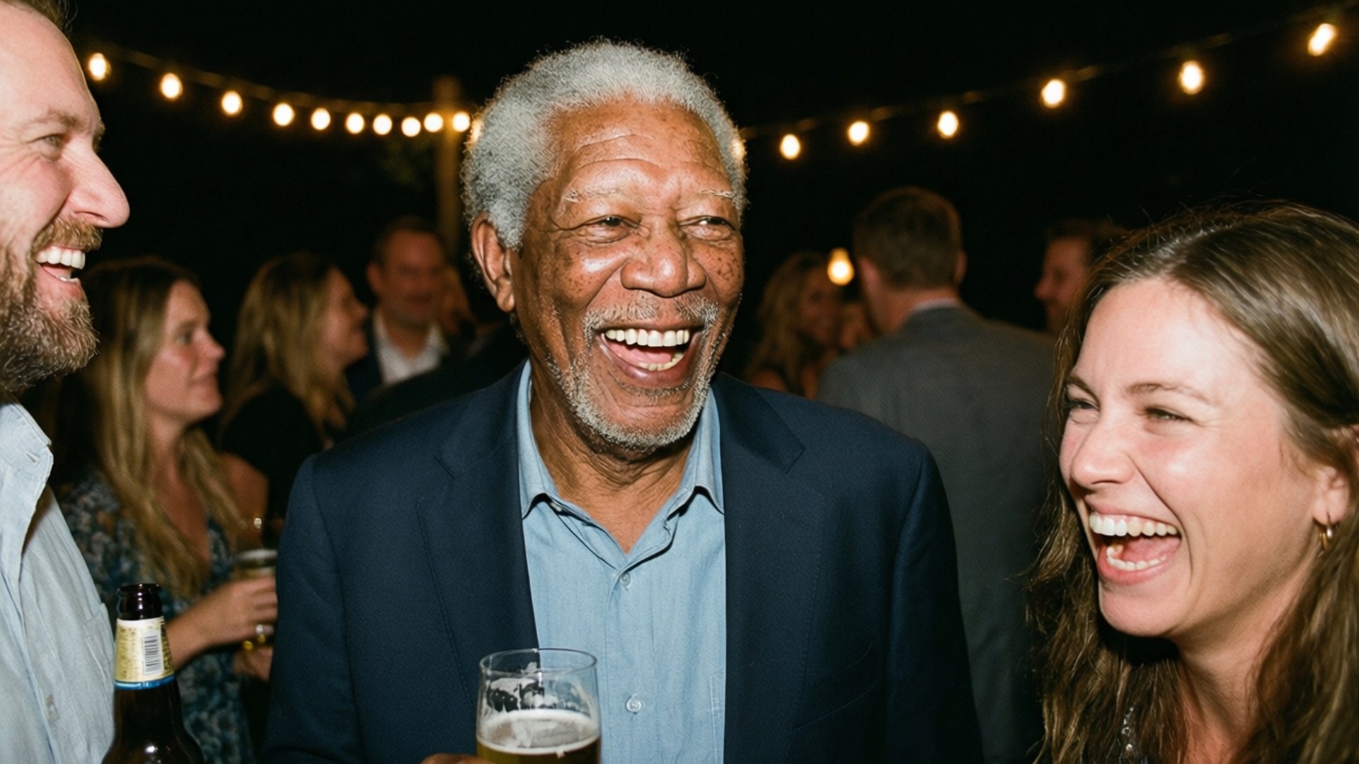 Morgan Freeman, outdoor night party, string lights, Full HD Desktop Wallpaper
