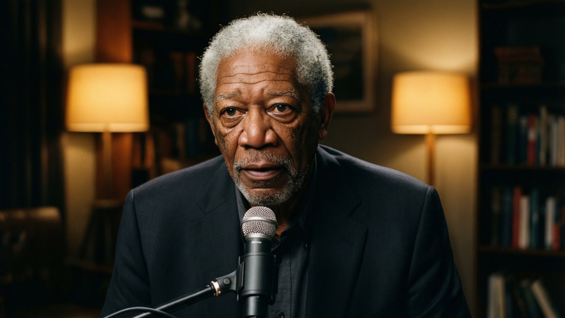 Morgan Freeman, microphone, dimly lit room, Full HD Desktop Wallpaper