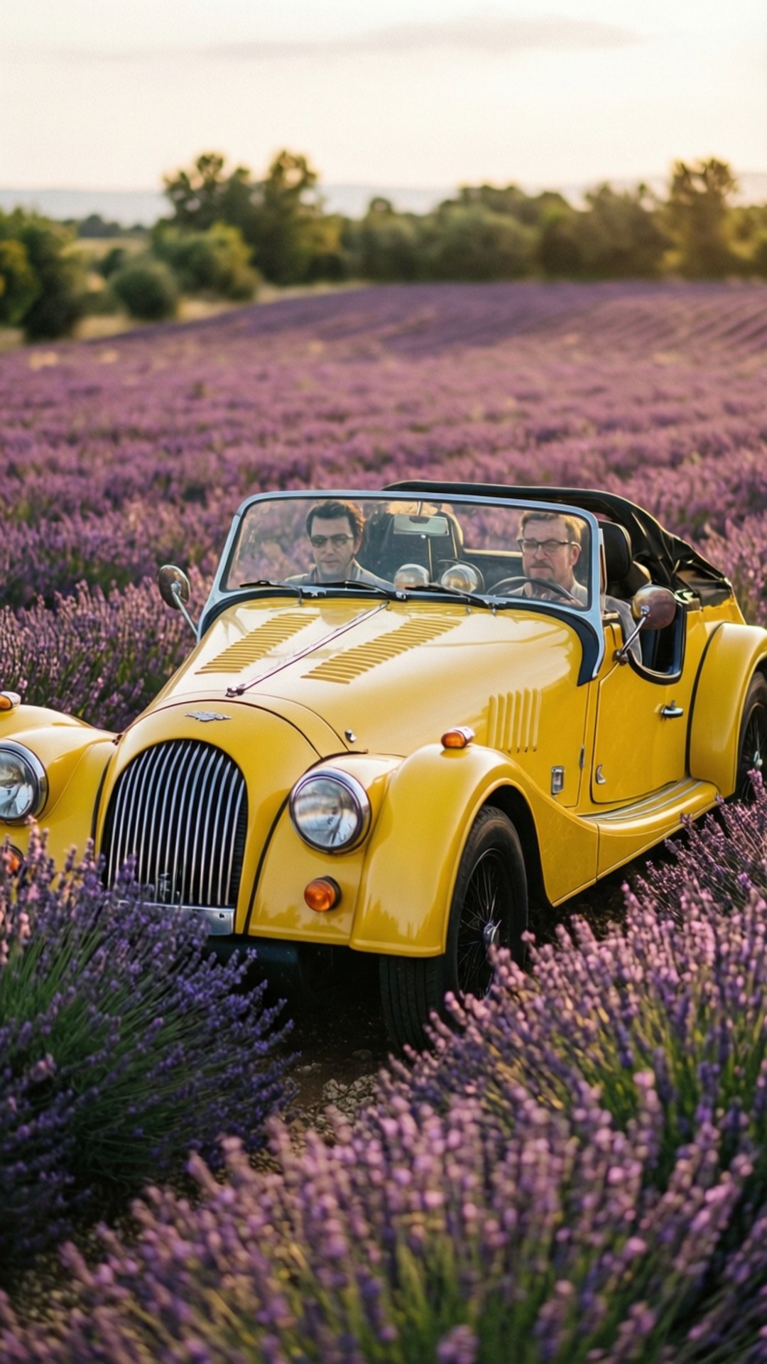 Morgan Plus 8, yellow, lavender fields, Full HD Phone Wallpaper