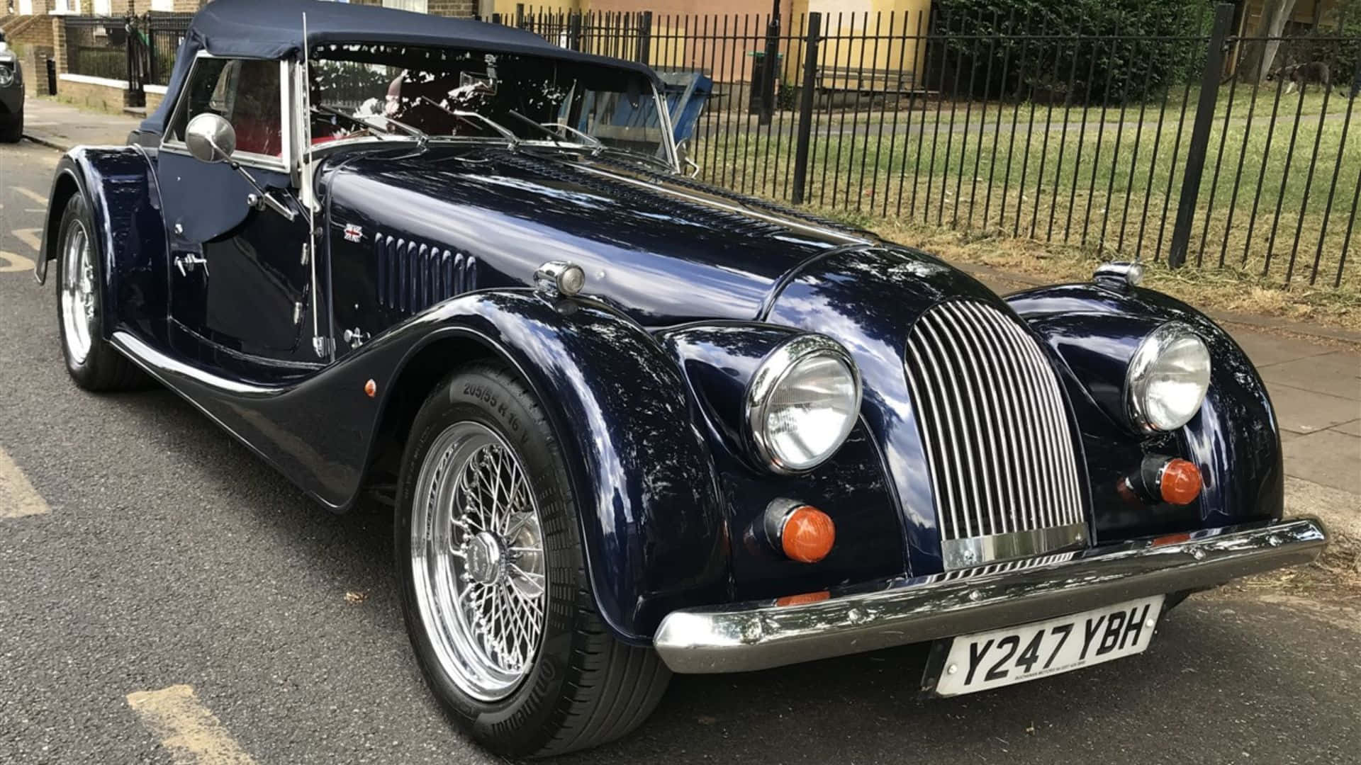 Morgan Plus 8, glossy navy blue, clear blue sky, Full HD Desktop Wallpaper