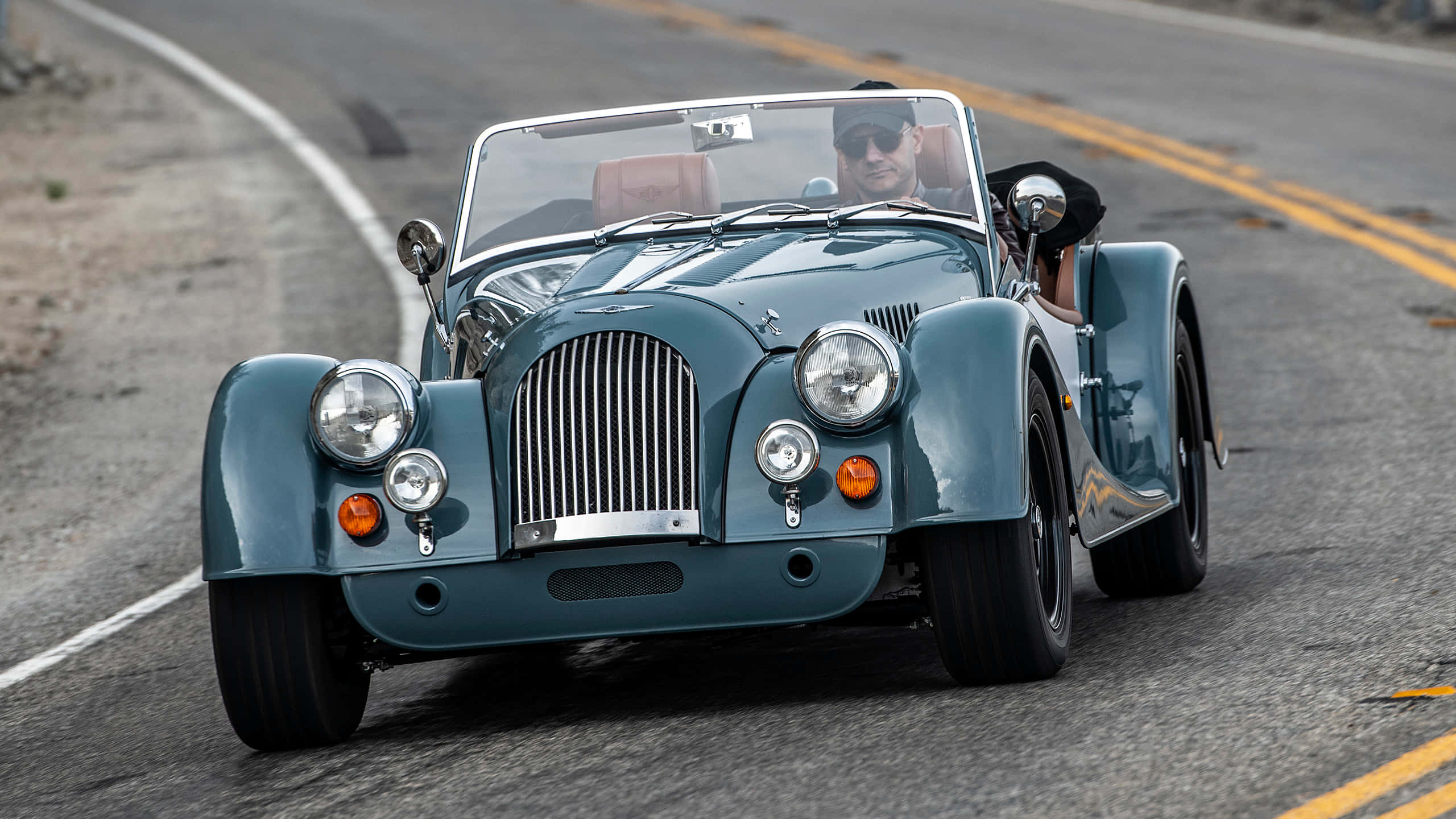 Morgan Plus Four, teal, classic convertible sports car, 2K Desktop Wallpaper