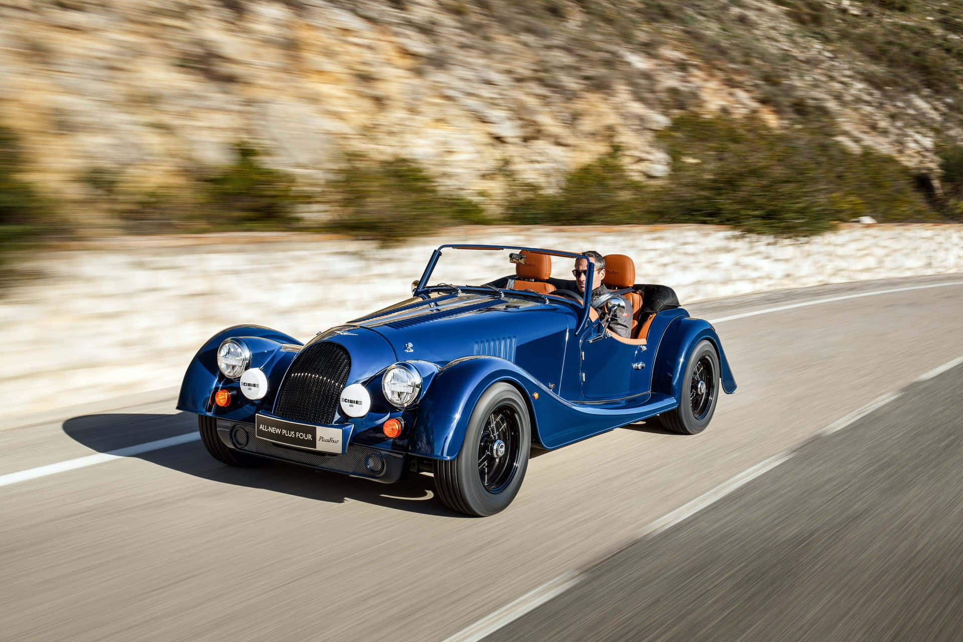 Morgan Plus Four, vibrant blue, winding mountain road, Full HD Desktop Wallpaper