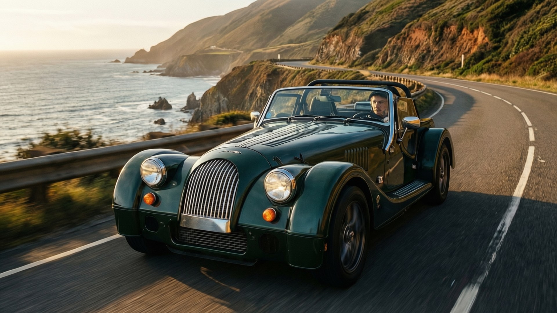 Morgan Plus Four, coastal road, golden hour, Full HD Desktop Wallpaper