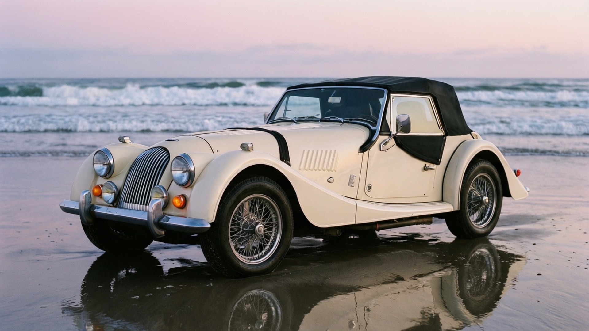 Morgan Plus Six, white, beach, Full HD Desktop Wallpaper