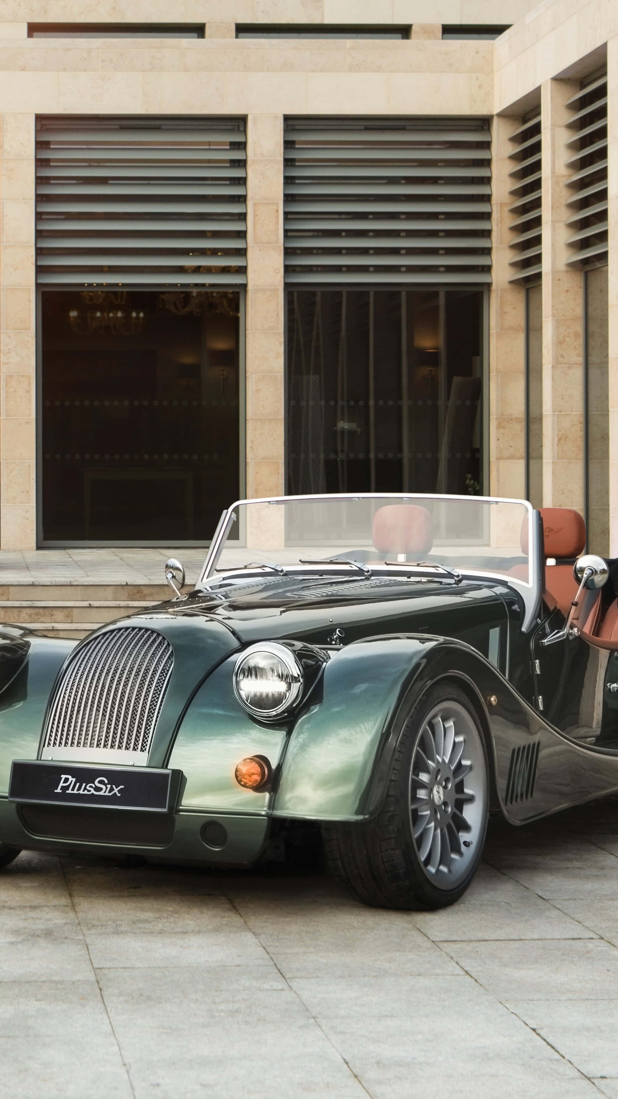 Morgan Plus Six, green, stone pavement, 4K Phone Wallpaper