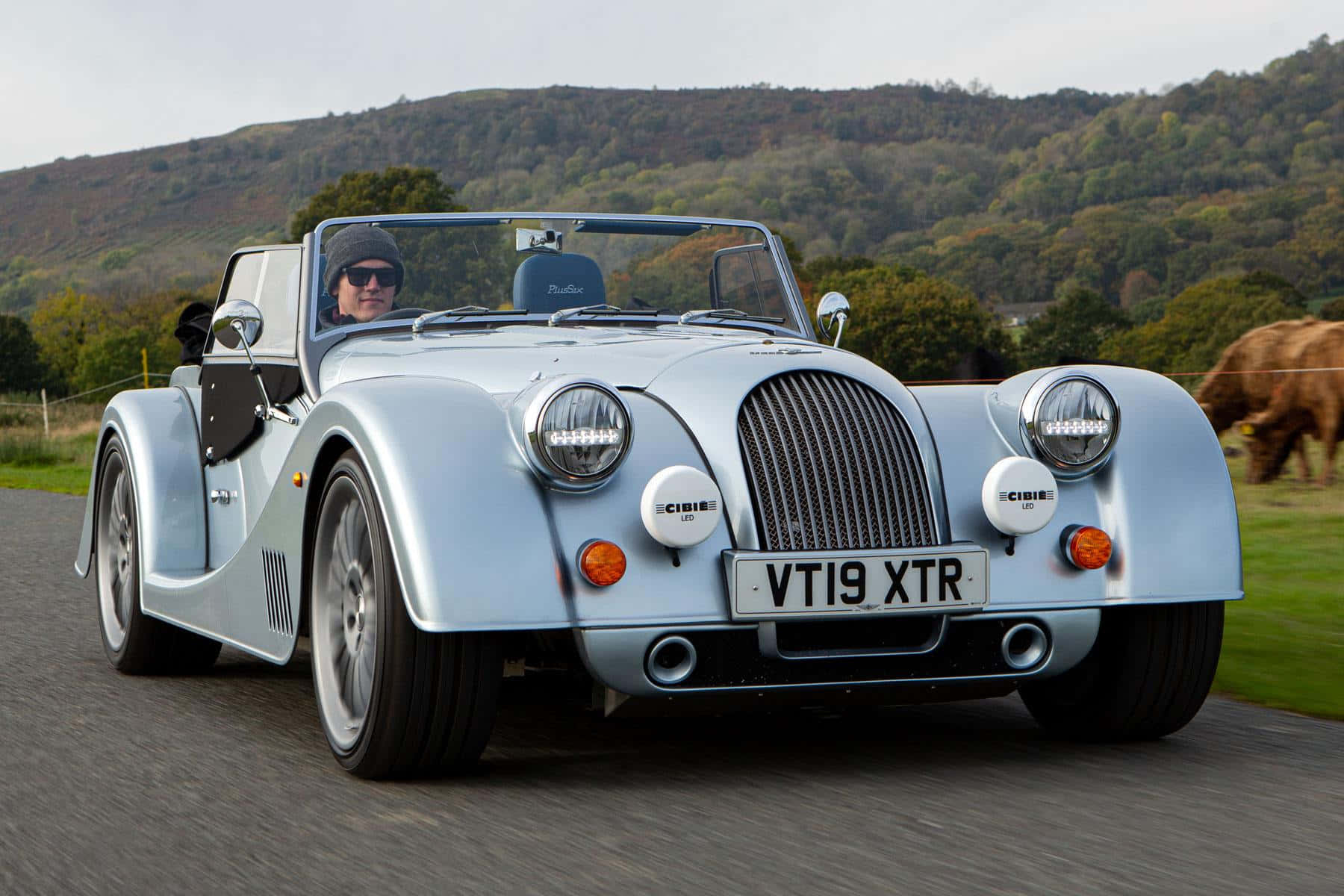 Morgan Plus Six, light blue, country road, HD Desktop Wallpaper