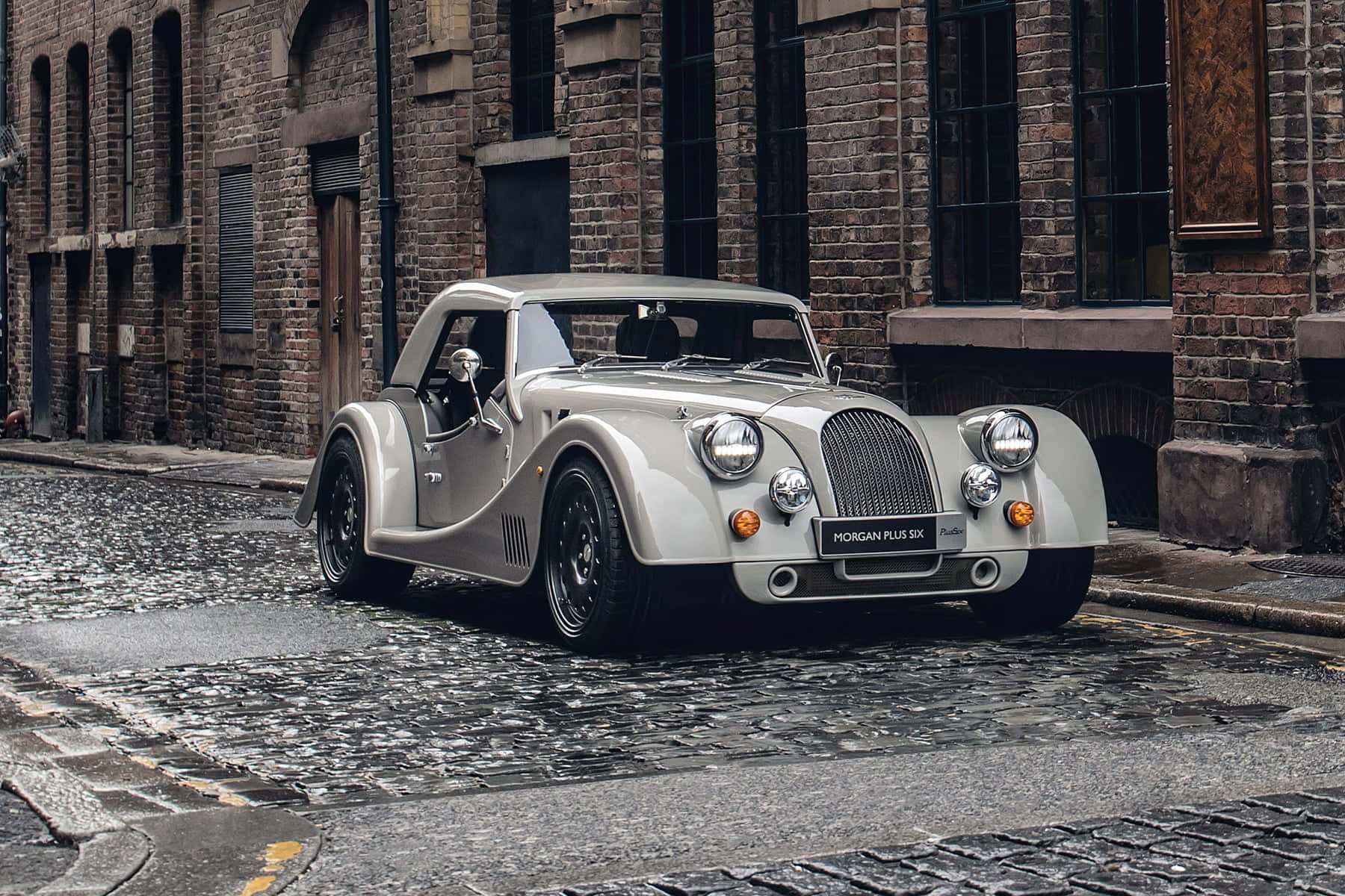 Morgan Plus Six, silver, wet cobblestone street, HD Desktop Wallpaper
