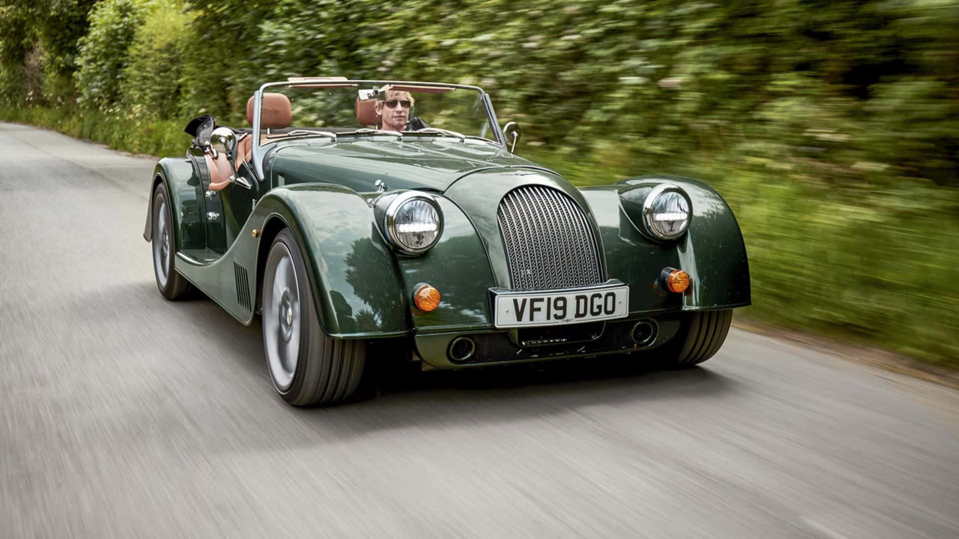 Morgan Plus Six, classic green, winding forest road, Full HD Desktop Wallpaper