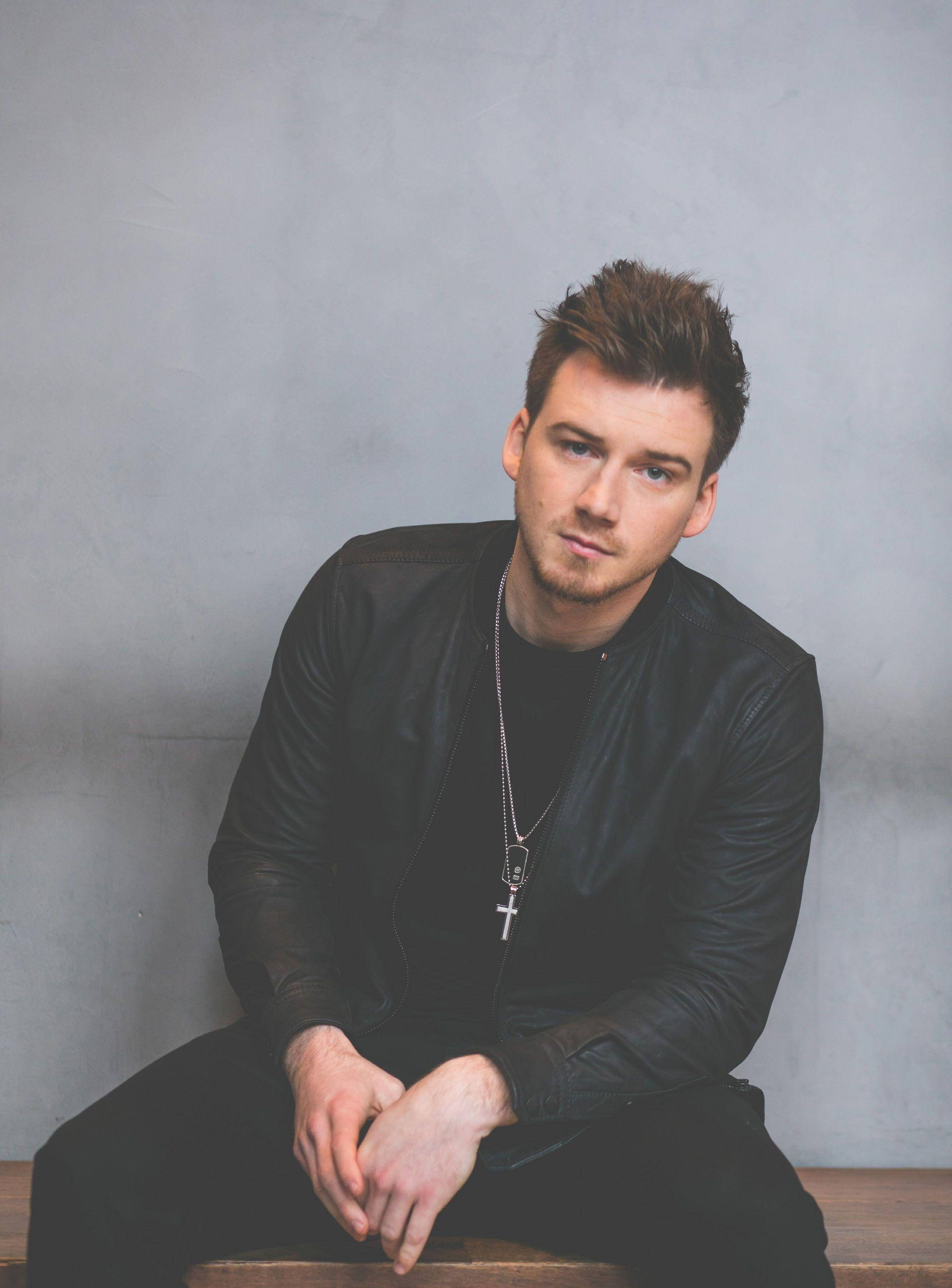 Morgan Wallen, black leather jacket, textured gray wall, 2K Phone Wallpaper