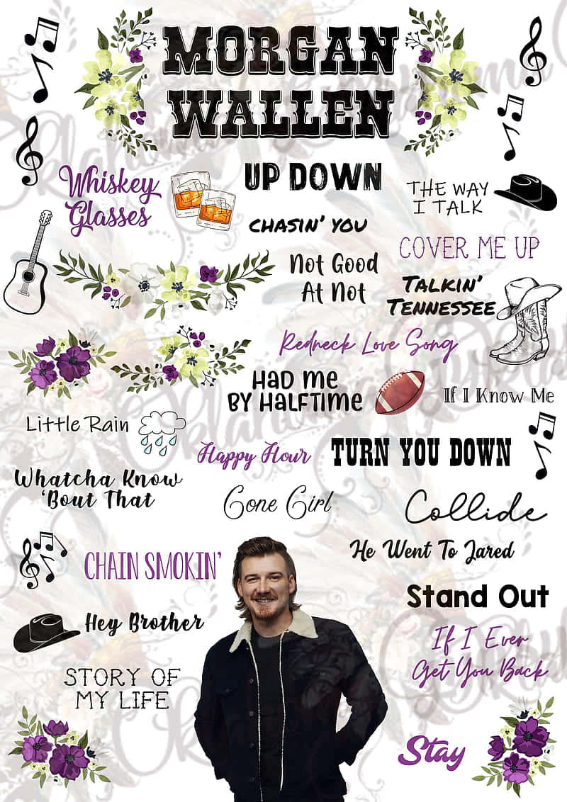 Morgan Wallen, floral wreaths, musical notes, SD Phone Wallpaper