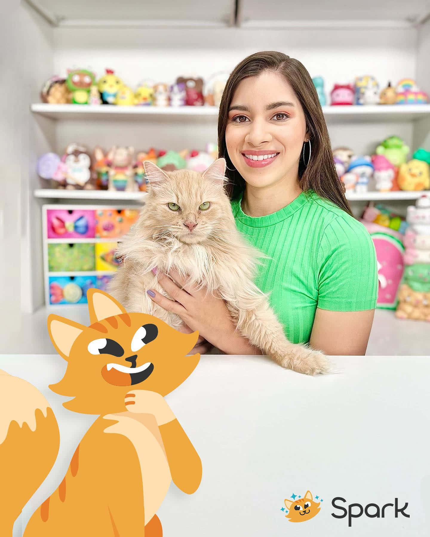 Moriah Elizabeth, green shirt, fluffy cream cat, HD Phone Wallpaper