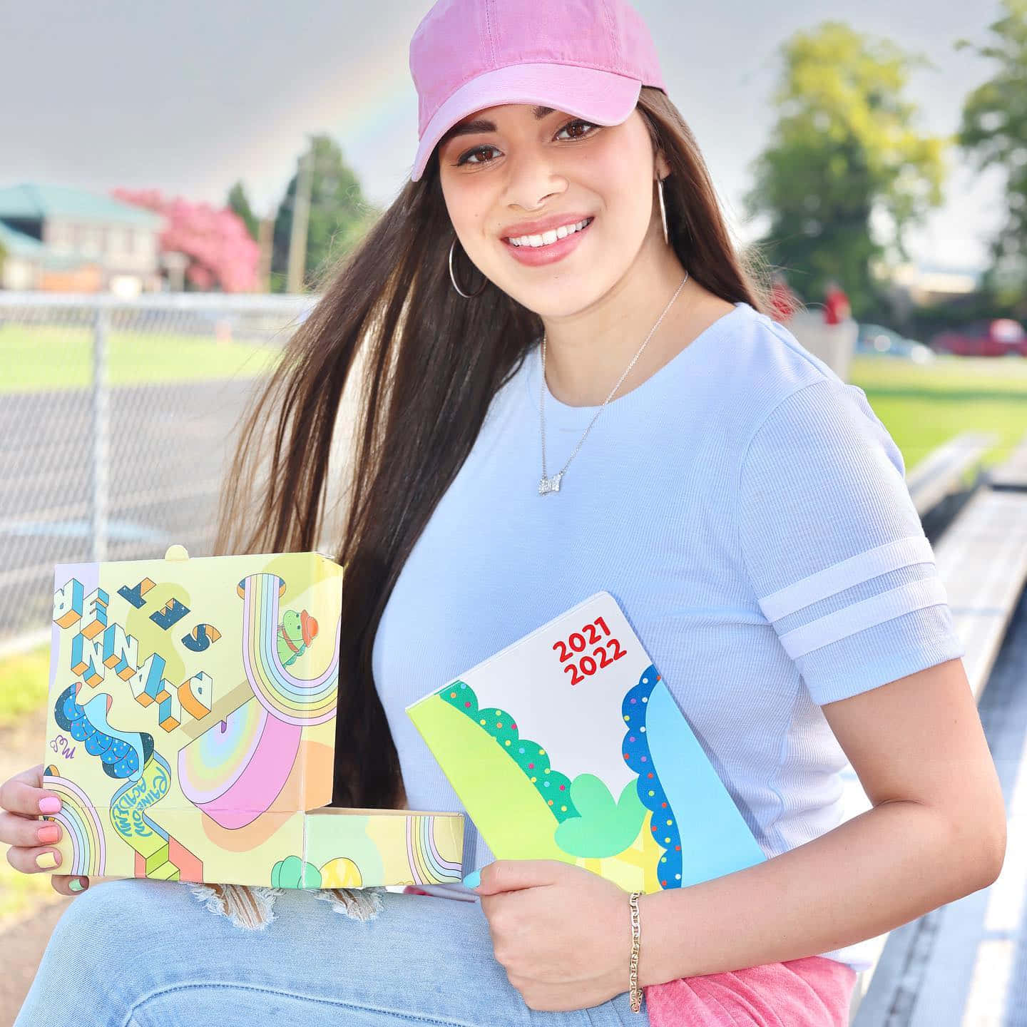 Moriah Elizabeth, pink cap, light blue shirt, HD Desktop Wallpaper