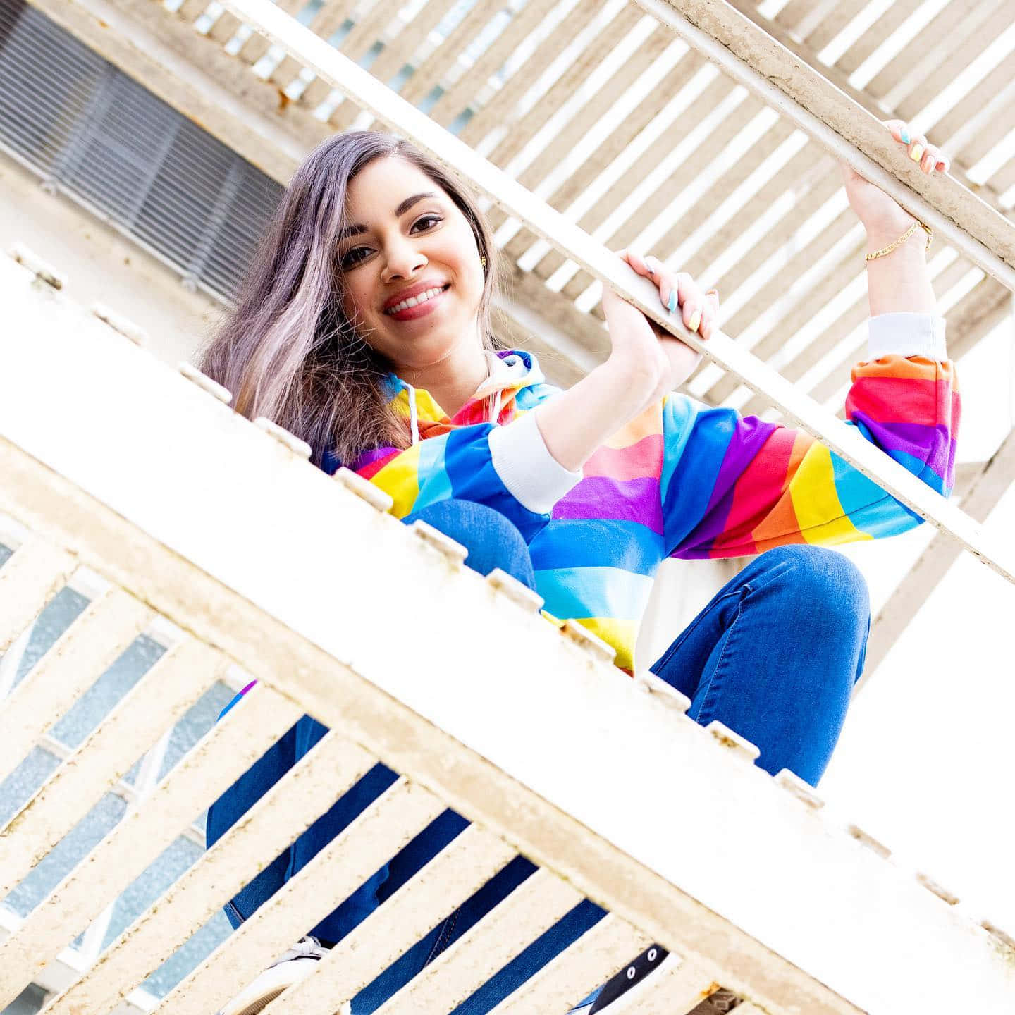 Moriah Elizabeth, rainbow hoodie, weathered wooden staircase, HD Desktop Wallpaper