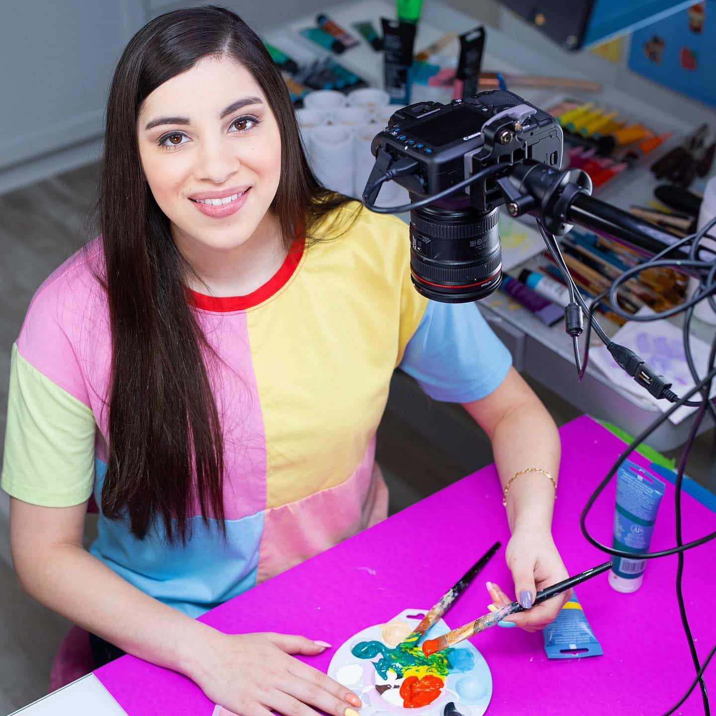 Moriah Elizabeth, colorful block shirt, bright pink table, HD Desktop Wallpaper