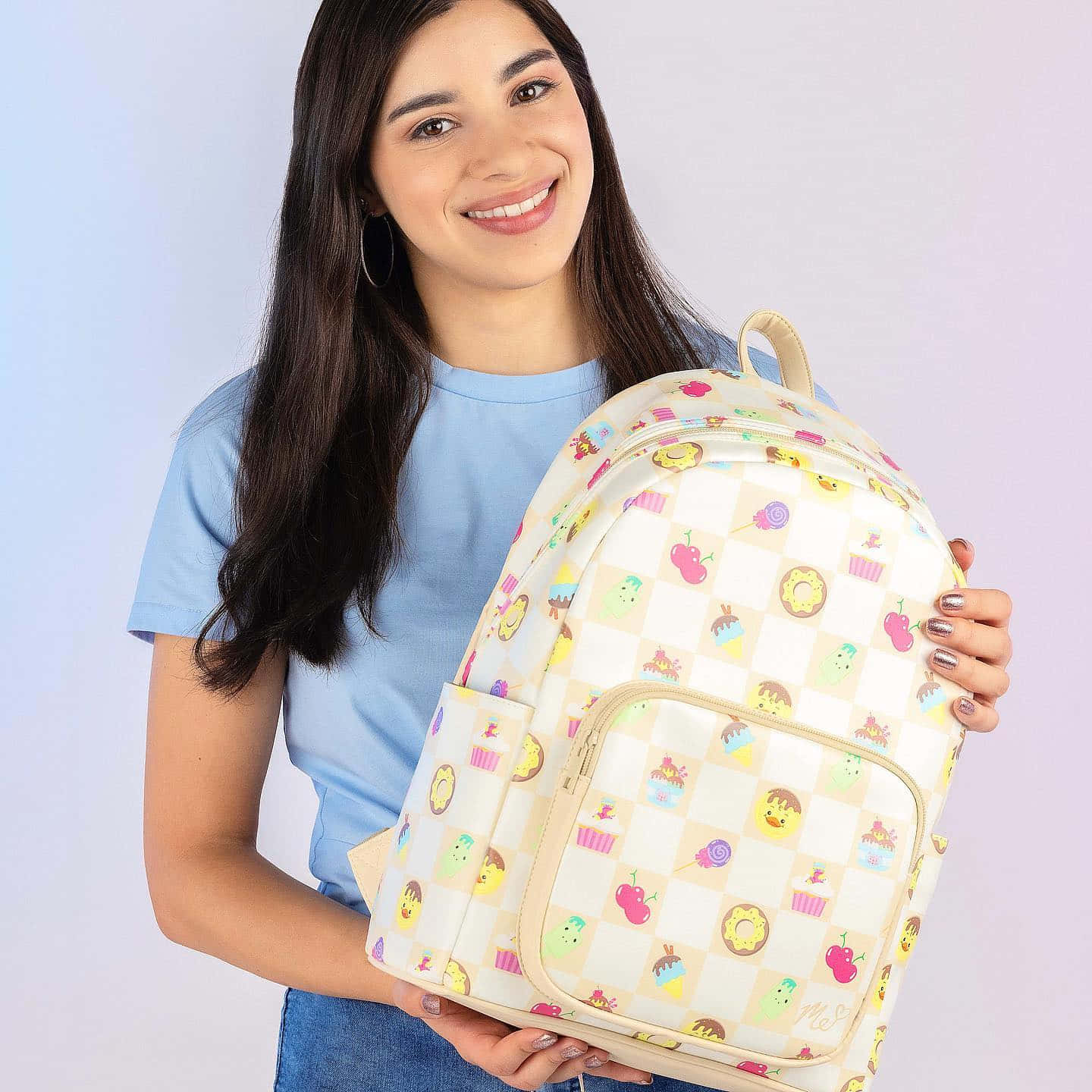Moriah Elizabeth, cream-colored backpack, playful checkered pattern, HD Desktop Wallpaper