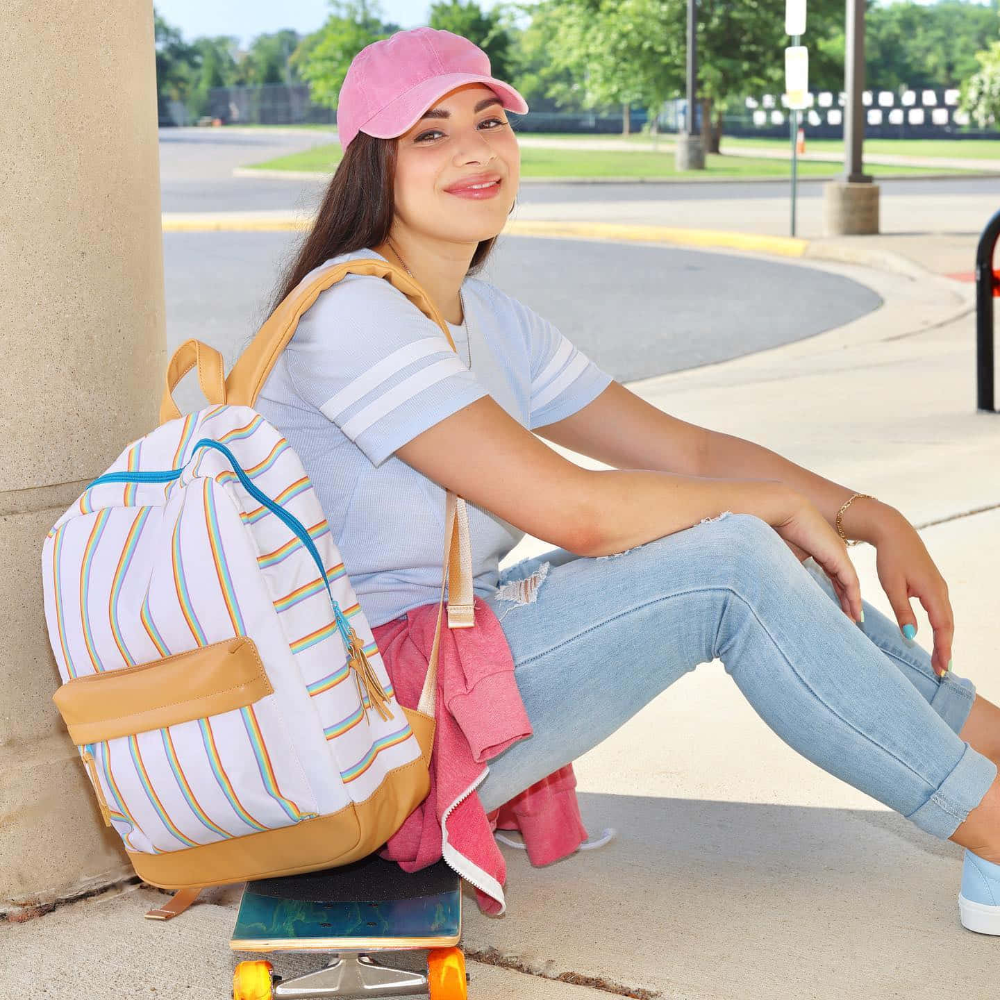 Moriah Elizabeth, pink cap, skateboard, HD Desktop Wallpaper