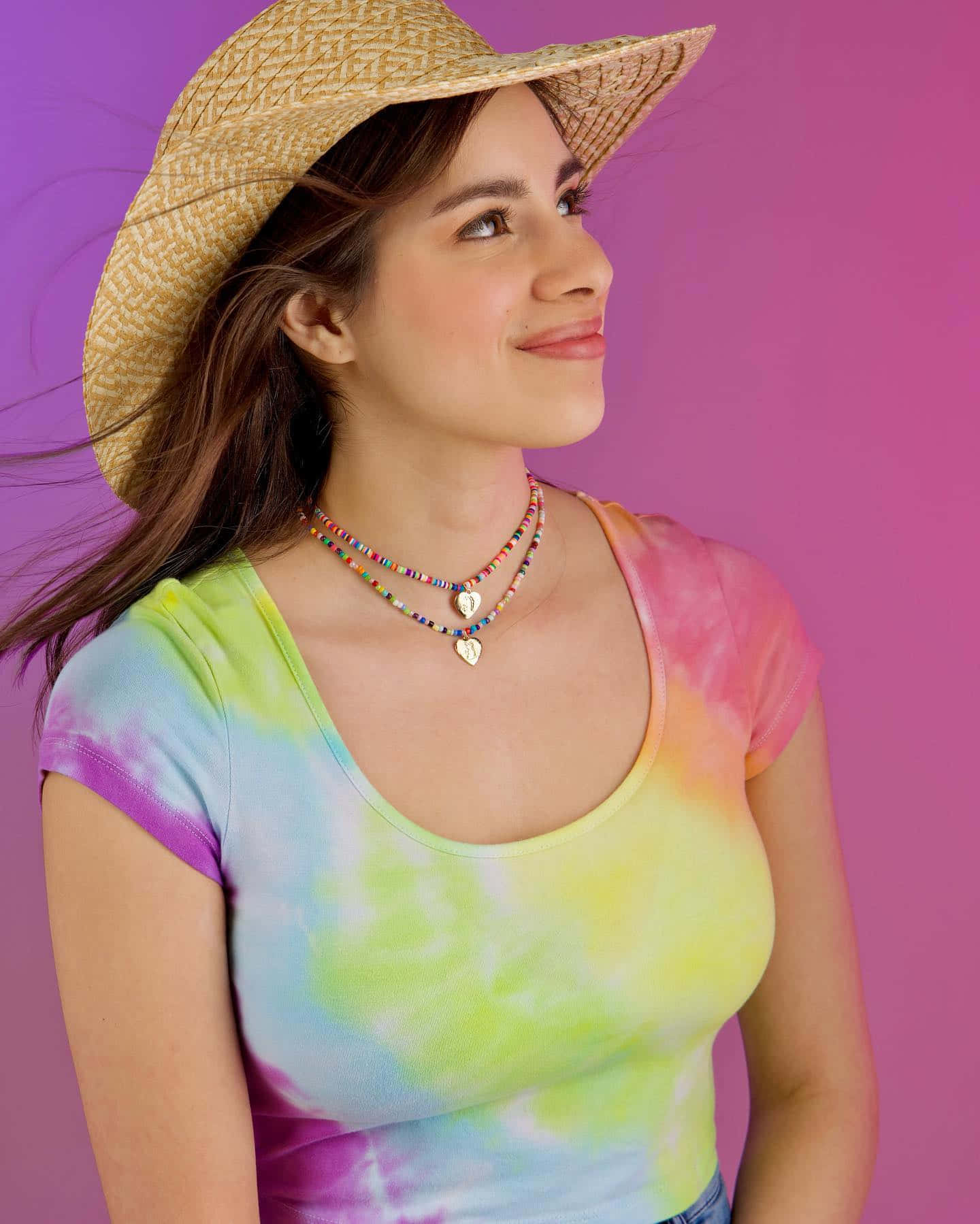 Moriah Elizabeth, straw hat, vibrant tie-dye top, HD Phone Wallpaper