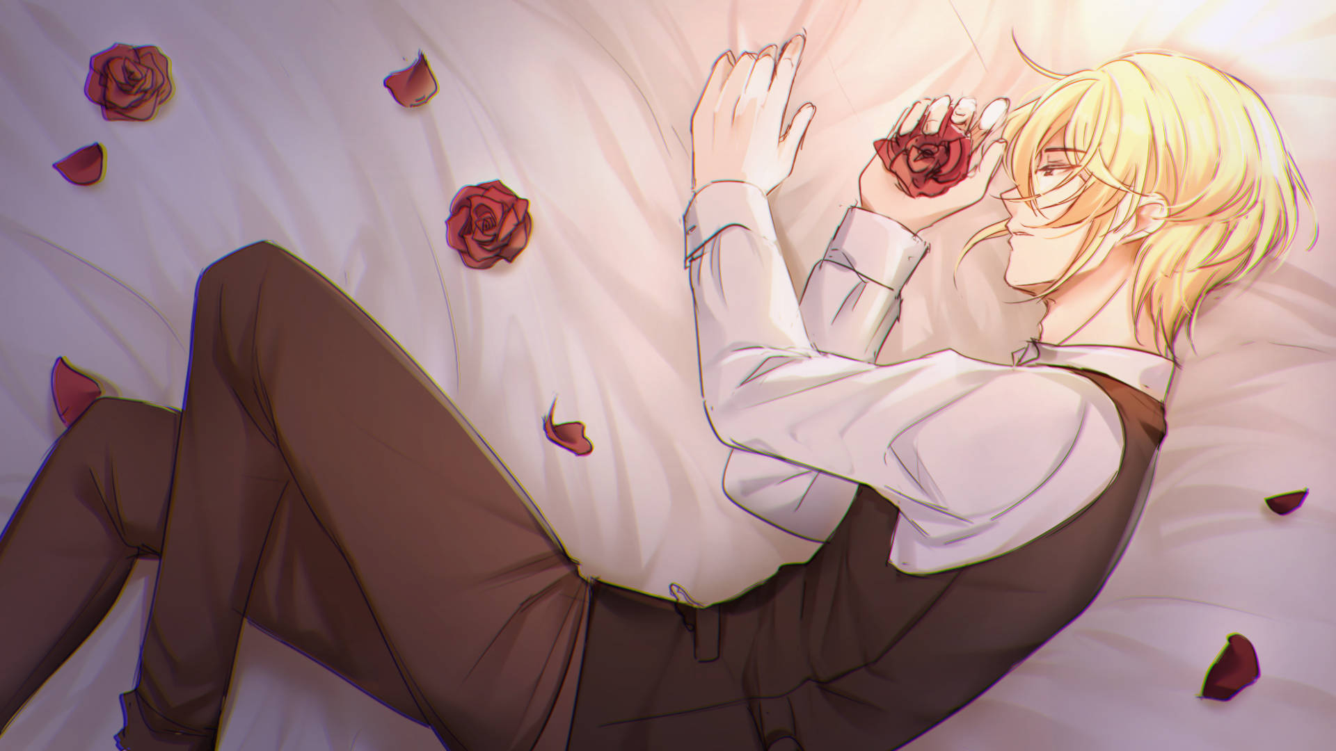 Moriarty The Patriot, blonde anime boy, red rose, Full HD Desktop Wallpaper
