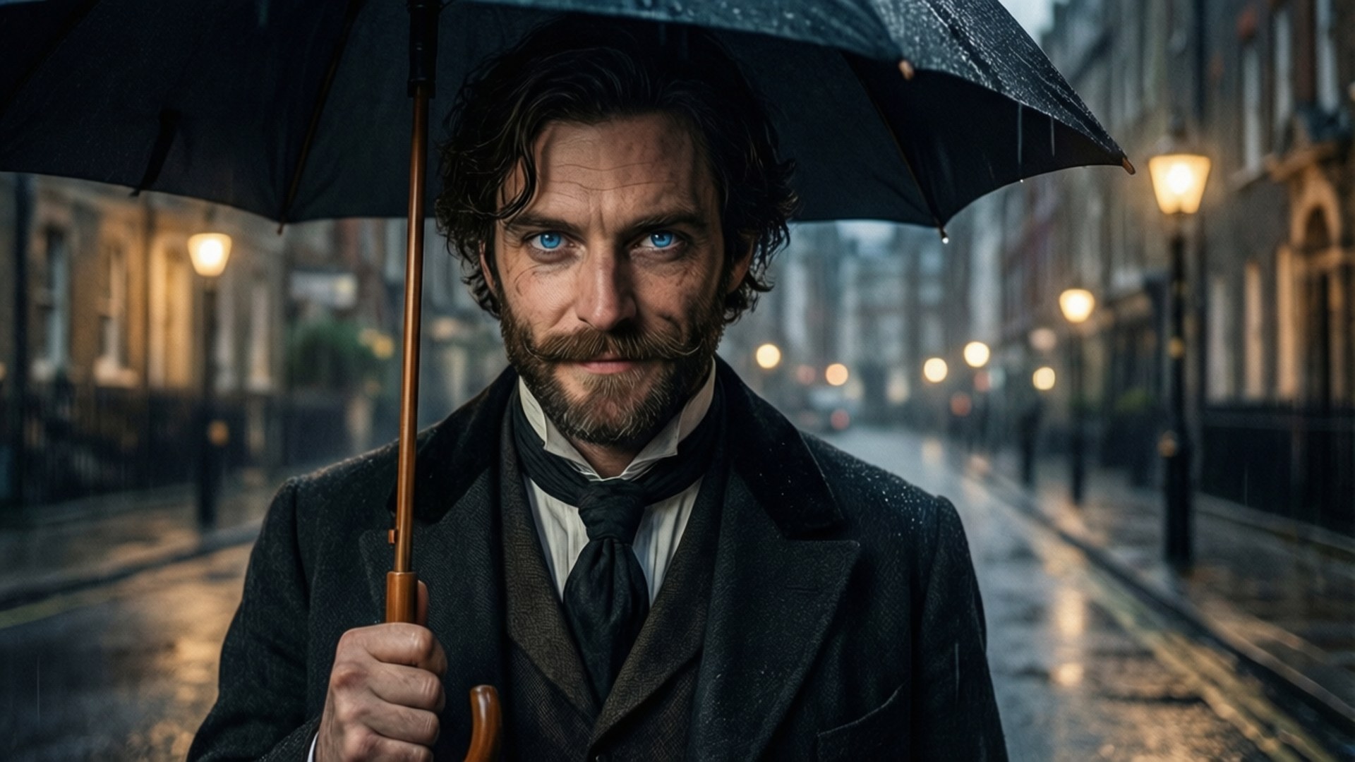 Moriarty, rainy night, blue eyes, Full HD Desktop Wallpaper