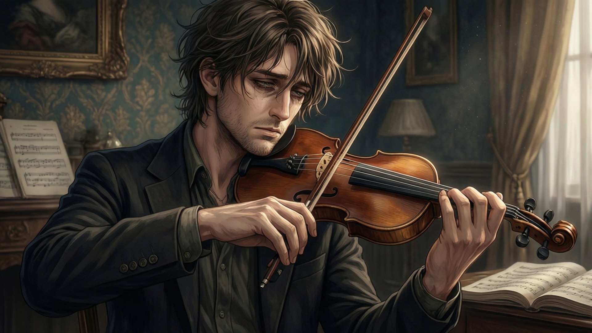 Moriarty, violin, blue wallpaper, Full HD Desktop Wallpaper