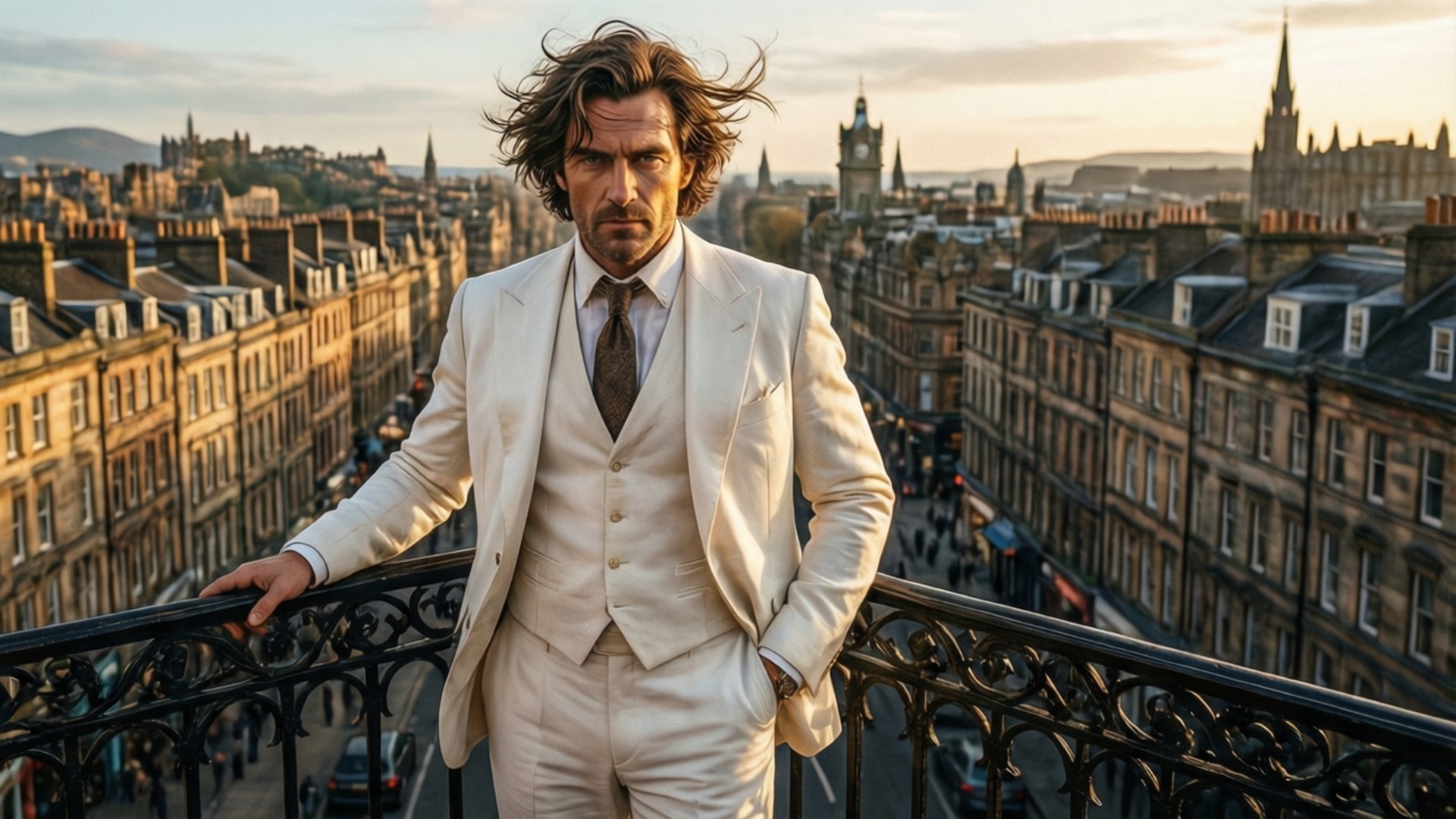Moriarty, balcony, cream suit, Full HD Desktop Wallpaper