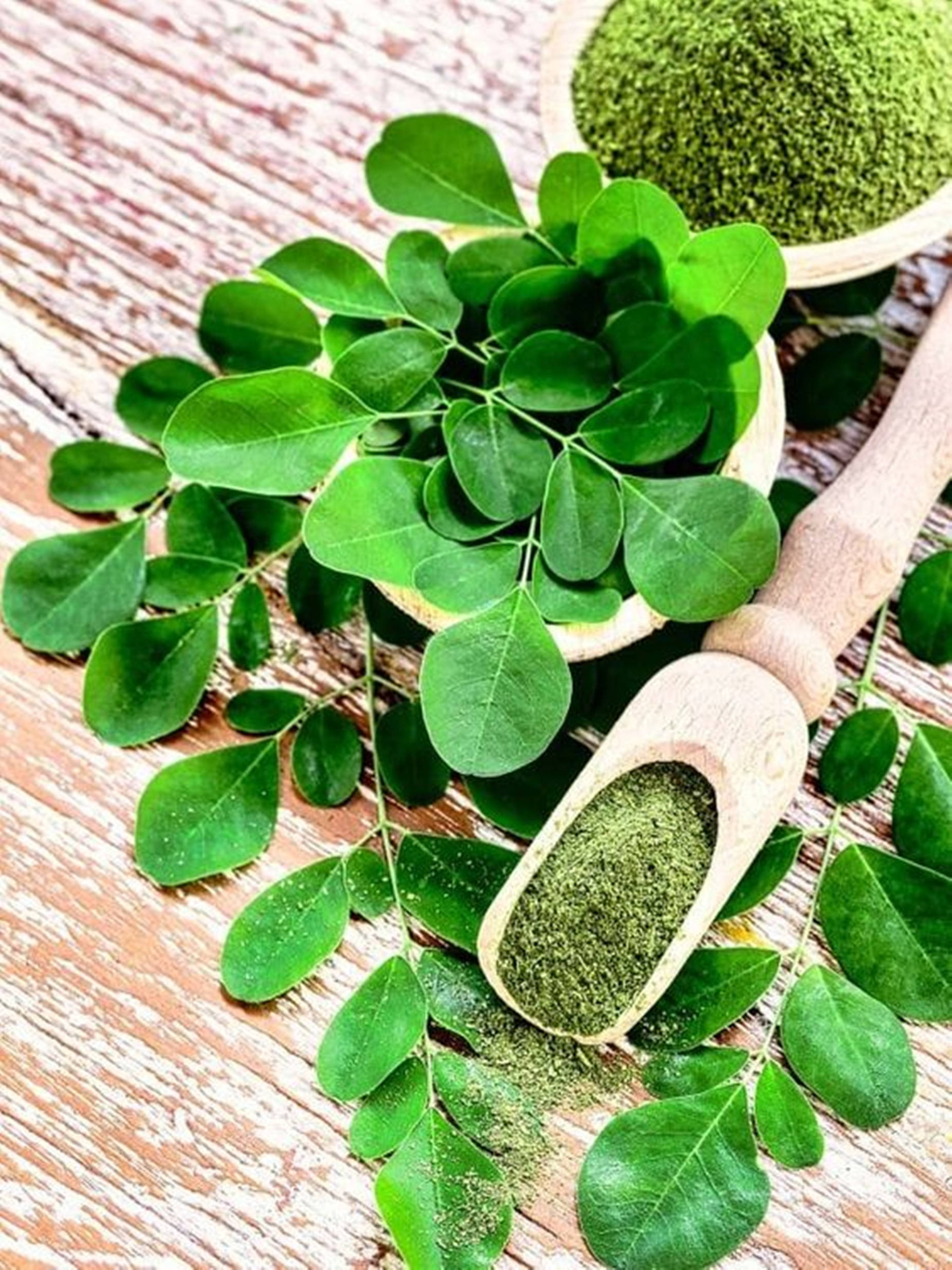 moringa powder, wooden scoop, rustic wooden surface, Full HD Phone Wallpaper