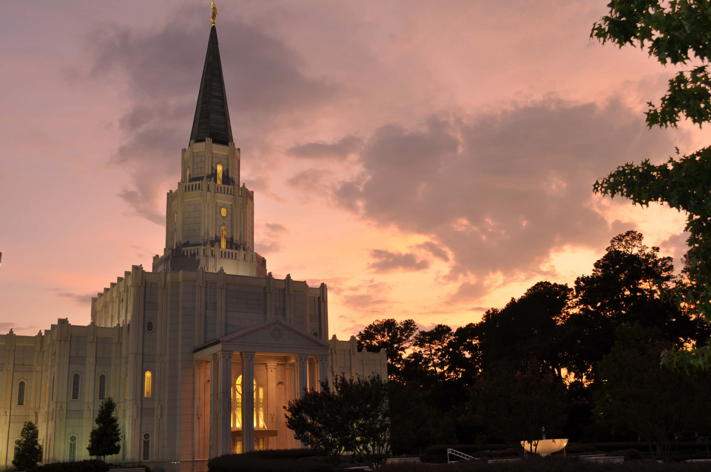 Mormon Temple, pink sunset sky, white temple, Full HD Desktop Wallpaper