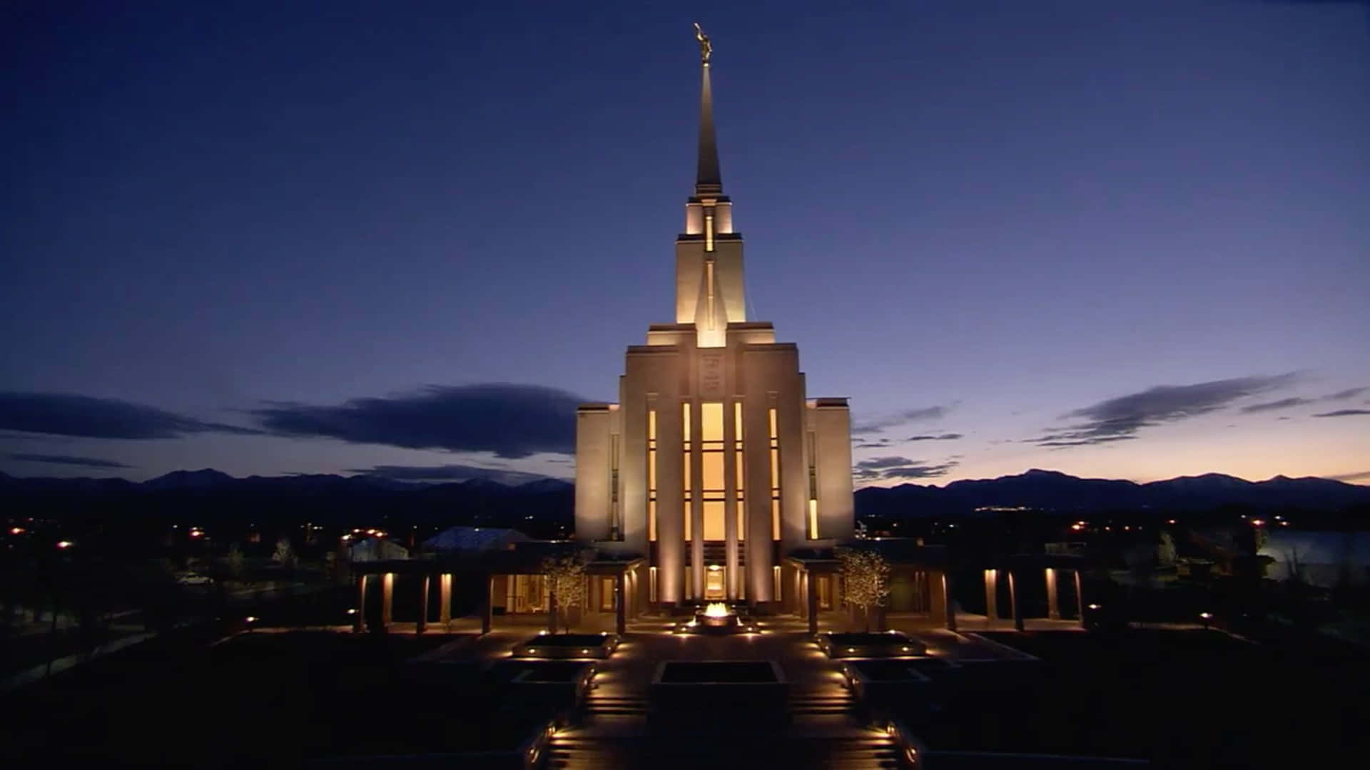Mormon Temple, twilight sky, distant mountains, Full HD Desktop Wallpaper