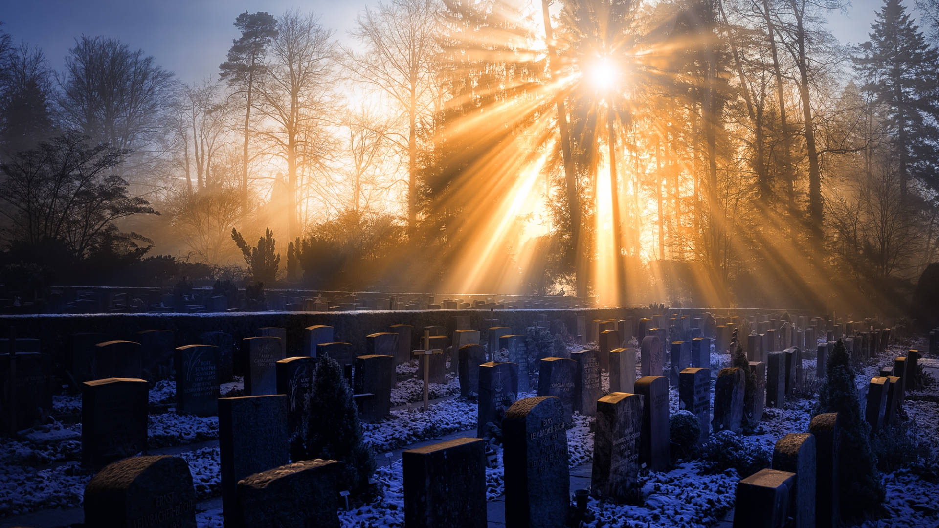Morning City, cemetery, golden sunbeams, Full HD Desktop Wallpaper