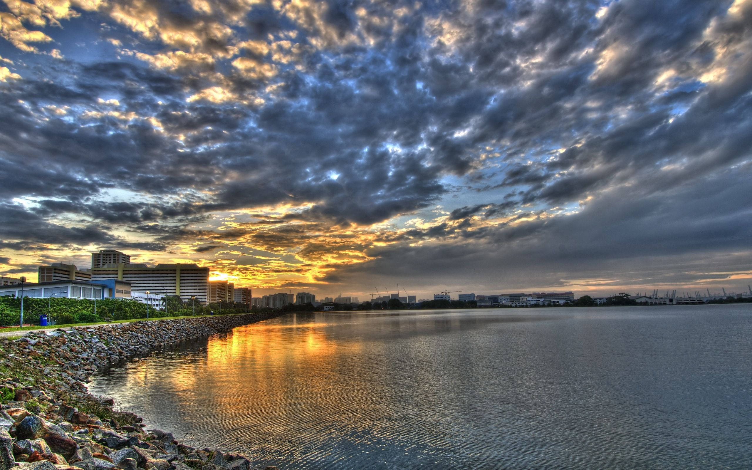 Morning City, sunset, urban waterfront, 2K Desktop Wallpaper