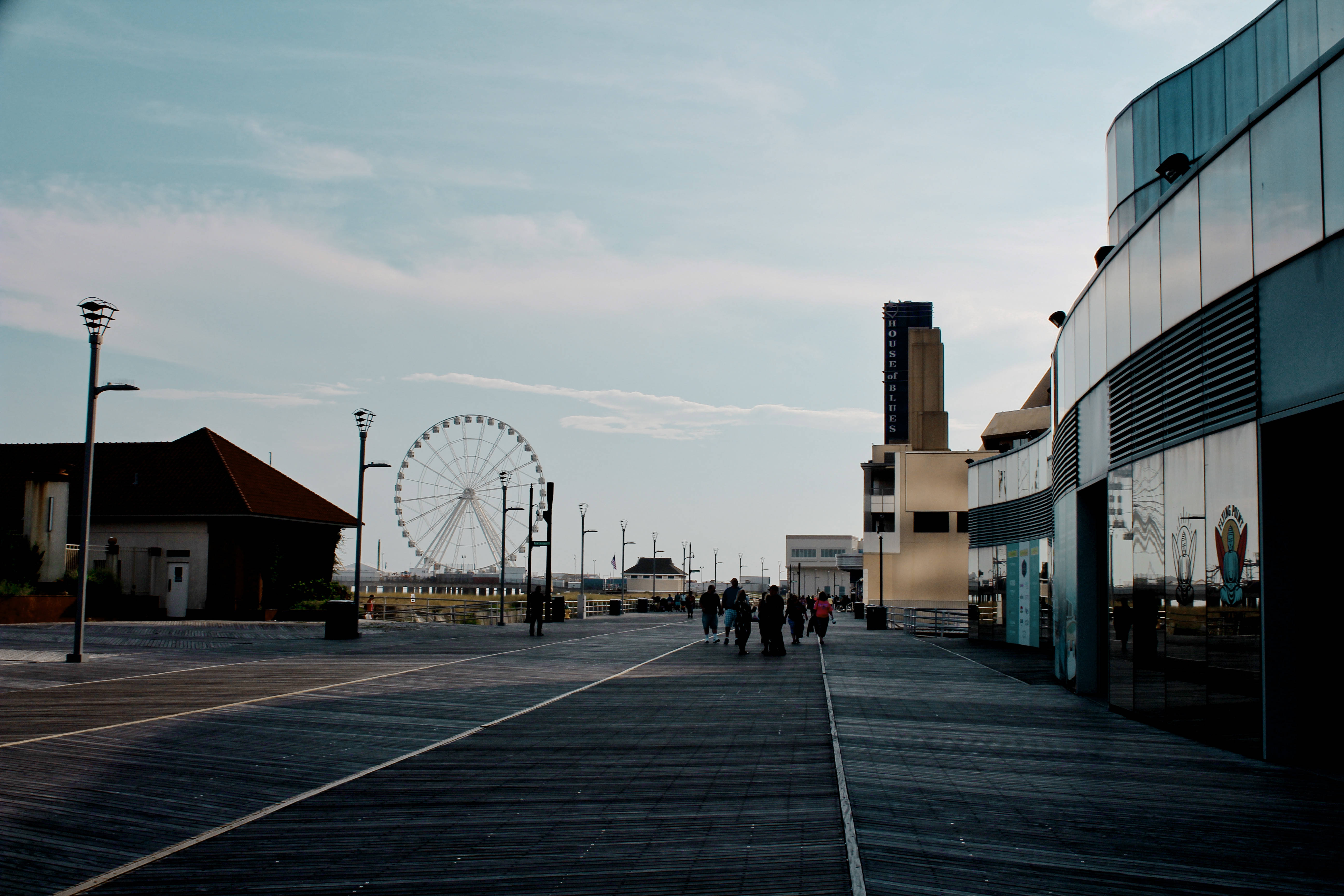 Morning City, giant ferris wheel, wooden boardwalk, 5K Desktop Wallpaper