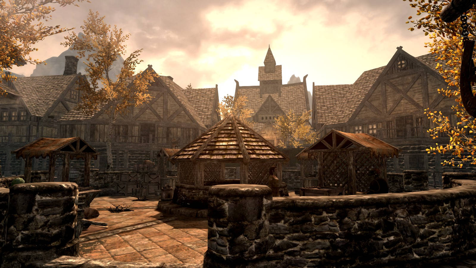 Morning City, stone house, medieval village square, HD Desktop Wallpaper