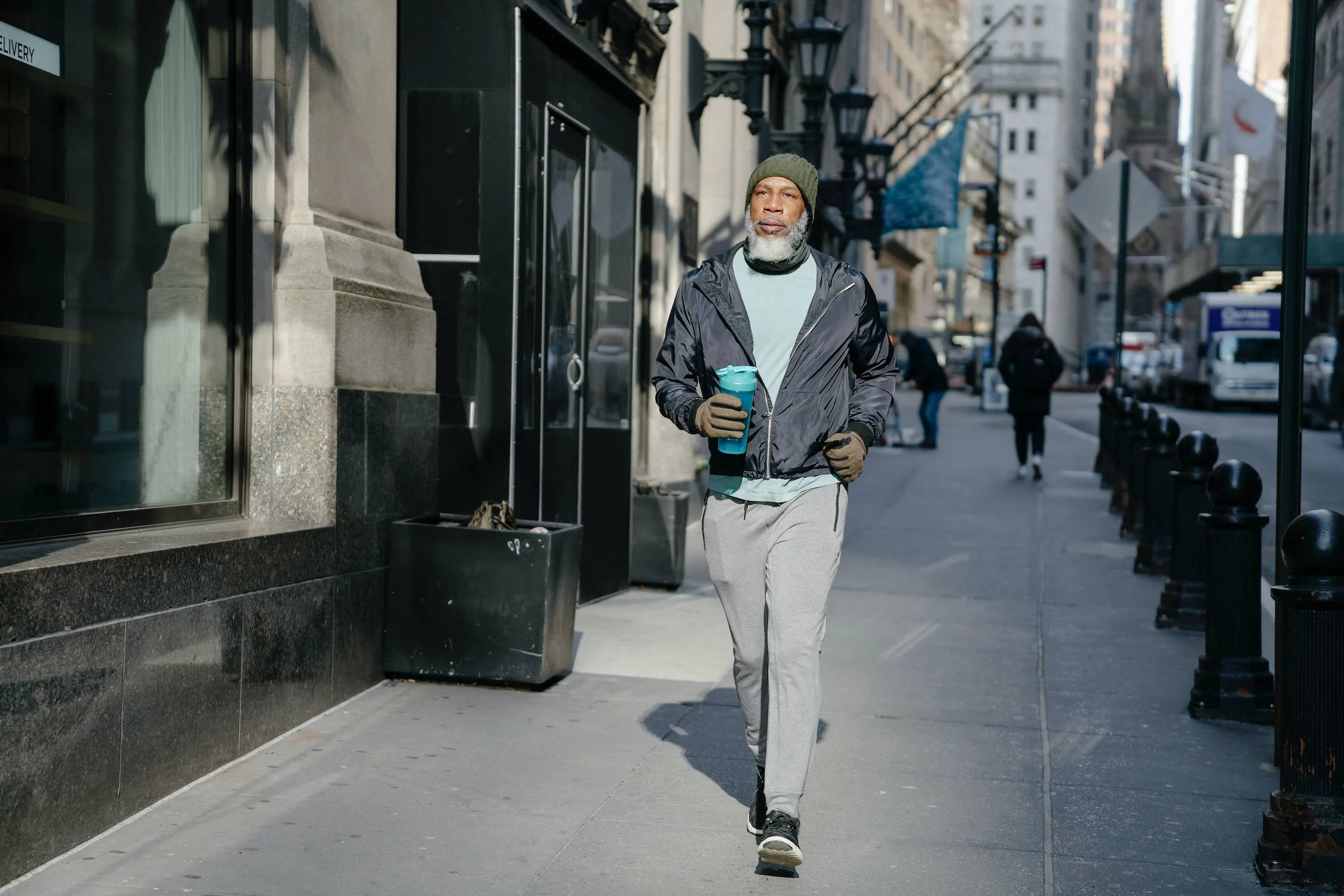 man, beard, sunlit city sidewalk, Full HD Desktop Wallpaper