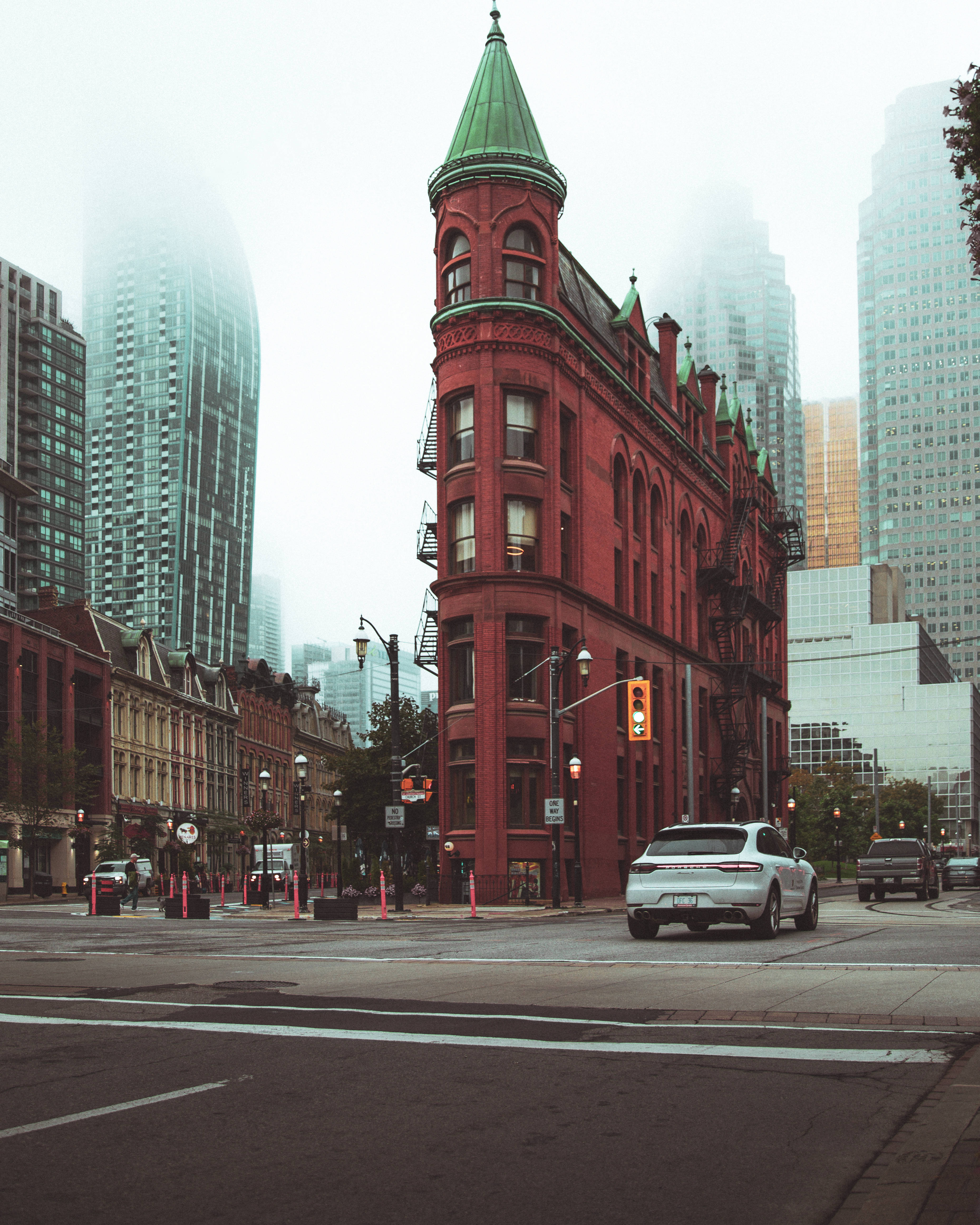 Morning City, red brick building, green spire, 4K Phone Wallpaper