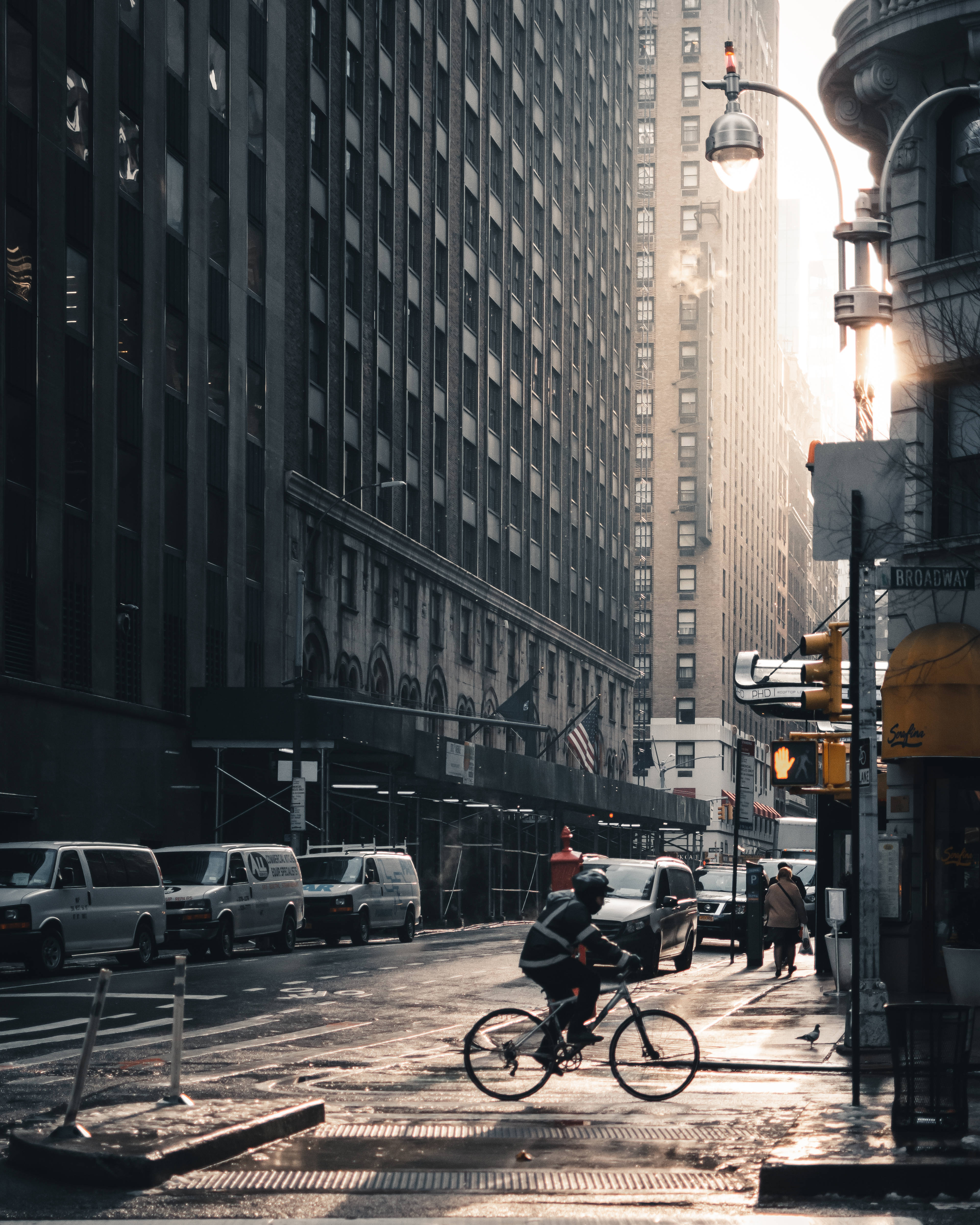 Morning City, bicycle, sunlit urban canyon, 4K Phone Wallpaper