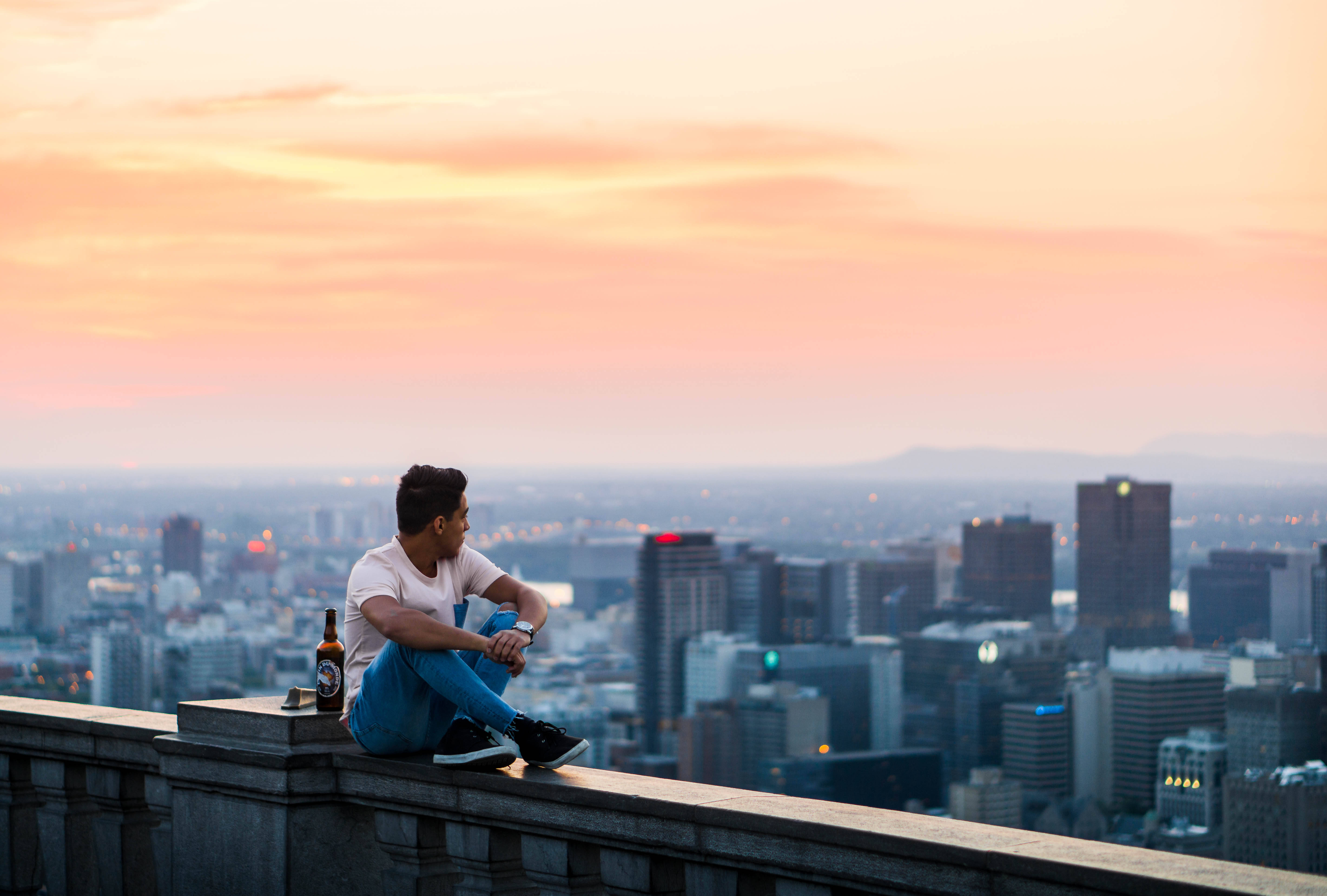 Morning City, rooftop ledge, cityscape, 5K Desktop Wallpaper