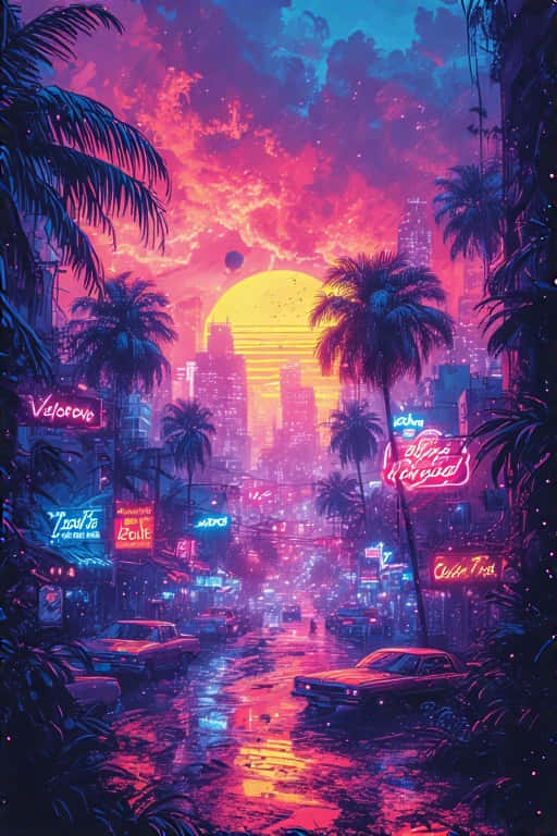 neon-drenched tropical city street, sunset, palm trees glowing, SD Phone Wallpaper
