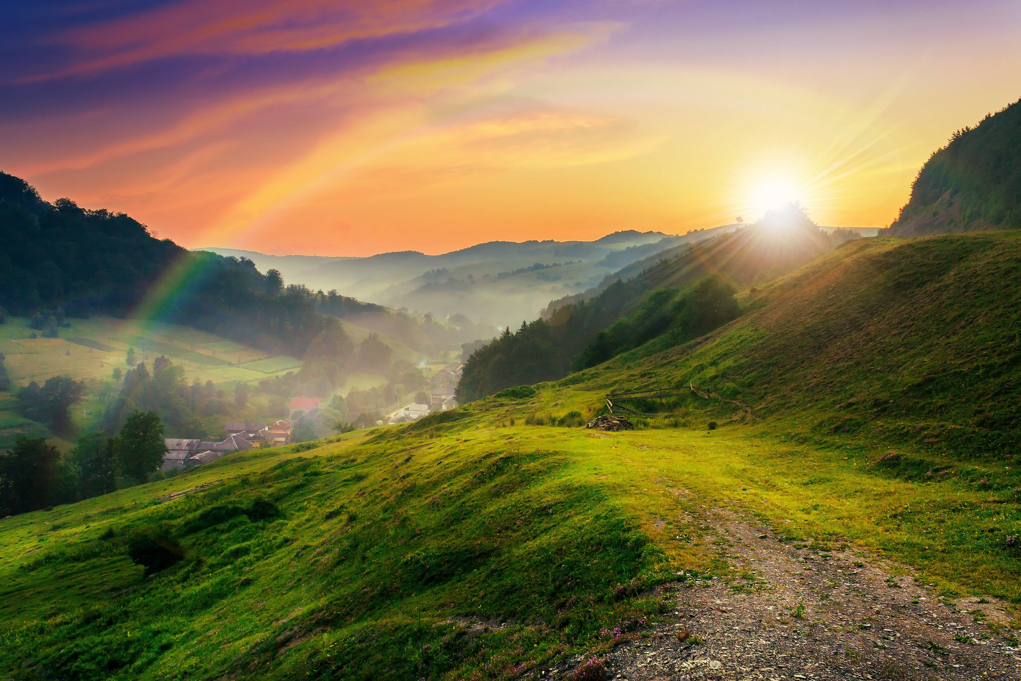 rainbow, sunrise, misty green hills, 2K Desktop Wallpaper