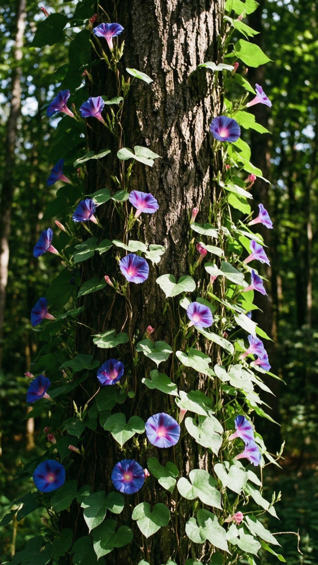 morning glory vine, tree trunk, vibrant purple morning glory flowers, Full HD Phone Wallpaper